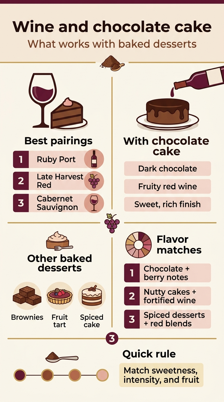 Create a clean, modern vertical infographic in 9:16 aspect ratio, full-bleed background, no frame, no inset margins. Use a warm elegant palette of deep burgundy, cream, cocoa brown, gold, and soft blush. Use bold sans-serif typography for headings and readable sans-serif body text. Top header area: Large bold title centered across the top in dark burgundy text: "Wine and chocolate cake" Smaller subtitle directly beneath in cocoa brown: "What works with baked desserts" Main layout: three wide horizontal sections with two-column blocks, each section separated by thin gold dividers. Section 1, left side: A large icon of a wine glass beside a slice of chocolate cake. Heading text: "Best pairings" Three numbered blocks with small circular icons: 1. "Ruby Port" with a wine bottle icon 2. "Late Harvest Red" with a grape cluster icon 3. "Cabernet Sauvignon" with a wine glass icon Section 1, right side: A chocolate cake illustration on a plate with a pouring wine bottle icon above it. Heading text: "With chocolate cake" Three short bullet blocks: "Dark chocolate" "Fruity red wine" "Sweet, rich finish" Section 2, left side: A grid of three dessert icons: brownies, tart, and layered cake. Heading text: "Other baked desserts" Label under each icon: "Brownies" "Fruit tart" "Spiced cake" Section 2, right side: A matching wine tasting note panel with a tasting wheel icon. Heading text: "Flavor matches" Three numbered points: 1. "Chocolate + berry notes" 2. "Nutty cakes + fortified wine" 3. "Spiced desserts + red blends" Section 3 across the bottom: A simple pairing guide with four small colored circles connected by lines. Heading text: "Quick rule" Text in a highlighted cream box: "Match sweetness, intensity, and fruit" Add small decorative icons of cocoa powder, wine grapes, and dessert forks throughout the layout. Keep all text sharp, legible, and neatly aligned. Use subtle shadows, clean spacing, and balanced infographic composition.