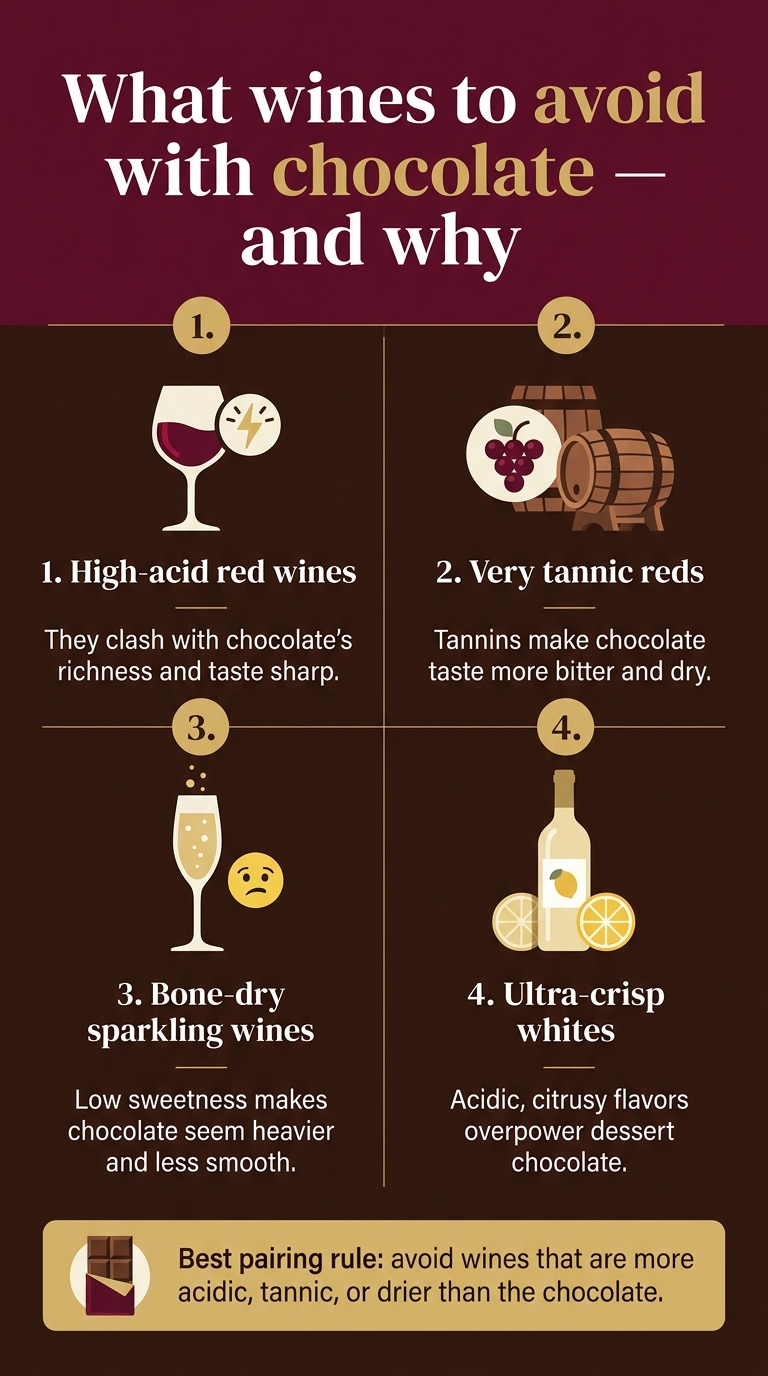 Vertical 9:16 full-bleed infographic, clean modern editorial style, deep burgundy, dark chocolate brown, warm cream, and muted gold color palette, elegant serif heading with sans-serif body text. Large bold top headline in white and gold: "What wines to avoid with chocolate — and why" Below the heading, a wide 2-column layout with 4 numbered horizontal blocks, each block with a distinct icon, short wine label, and one-line reason. Use clear spacing, subtle dividers, and polished flat vector illustrations. Block 1 on upper left: a red wine glass icon with a bright acidity symbol. Text: "1. High-acid red wines" and smaller line: "They clash with chocolate’s richness and taste sharp." Block 2 on upper right: a tannin-grape-and-oak barrel icon. Text: "2. Very tannic reds" and smaller line: "Tannins make chocolate taste more bitter and dry." Block 3 on lower left: a sparkling wine flute icon with bubbles and a sour face. Text: "3. Bone-dry sparkling wines" and smaller line: "Low sweetness makes chocolate seem heavier and less smooth." Block 4 on lower right: a white wine bottle icon with citrus slices. Text: "4. Ultra-crisp whites" and smaller line: "Acidic, citrusy flavors overpower dessert chocolate." At the bottom, a highlighted gold banner with a chocolate bar icon and the text: "Best pairing rule: avoid wines that are more acidic, tannic, or drier than the chocolate." Use a clean grid, bold numbered markers in circular gold badges, strong visual hierarchy, minimal clutter, professional food-and-wine infographic, crisp vector shapes, no borders, no frame.