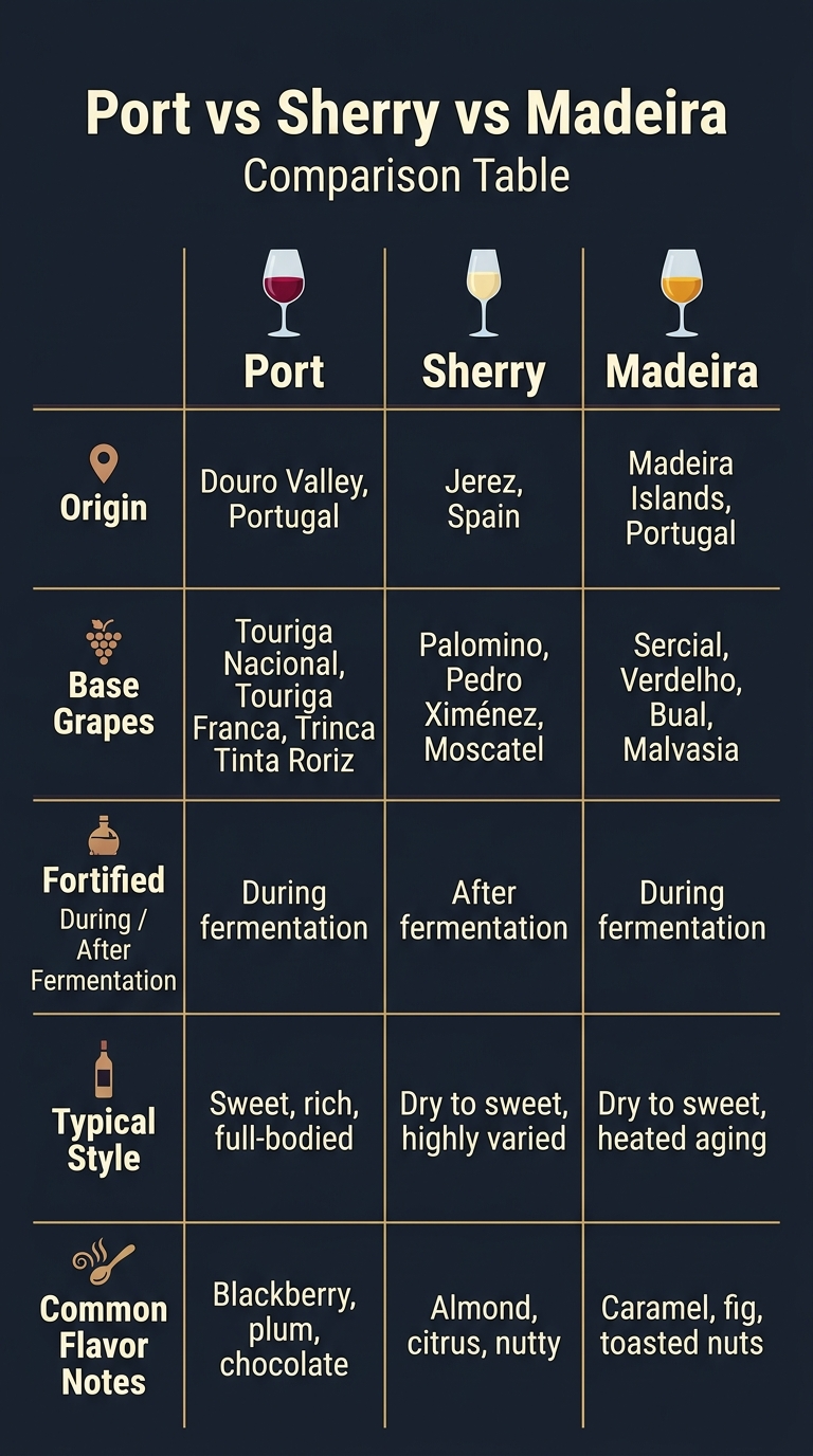 Create a clean, professional full-bleed infographic in a 9:16 vertical format with a dark navy background, cream text, burgundy, amber, and warm gold accents. Add a bold top heading centered across the width: “Port vs Sherry vs Madeira”. Directly below, a smaller subtitle: “Comparison Table”. Use a wide comparison table layout spanning most of the canvas, with three vertical columns labeled at the top in large bold text: “Port” “Sherry” “Madeira” Place a small illustrative wine-glass icon above each column: a ruby-red port wine glass for Port, a pale straw-colored sherry glass for Sherry, and a golden amber glass for Madeira. Create five horizontal comparison rows with clear left-side category labels in bold: “Origin” “Base Grapes” “Fortified Before / During / After Fermentation” “Typical Style” “Common Flavor Notes” Fill the table with short, readable text in each column: Origin: Port — “Douro Valley, Portugal” Sherry — “Jerez, Spain” Madeira — “Madeira Islands, Portugal” Base Grapes: Port — “Touriga Nacional, Touriga Franca, Tinta Roriz” Sherry — “Palomino, Pedro Ximénez, Moscatel” Madeira — “Sercial, Verdelho, Bual, Malvasia” Fortified Before / During / After Fermentation: Port — “During fermentation” Sherry — “After fermentation” Madeira — “During fermentation” Typical Style: Port — “Sweet, rich, full-bodied” Sherry — “Dry to sweet, highly varied” Madeira — “Dry to sweet, heated aging” Common Flavor Notes: Port — “Blackberry, plum, chocolate” Sherry — “Almond, citrus, nutty” Madeira — “Caramel, fig, toasted nuts” Add small matching icons beside each category label: a map pin for Origin, grape cluster for Base Grapes, a tiny barrel or fortification flask for Fortified, a wine bottle for Typical Style, and a flavor swirl or tasting spoon for Common Flavor Notes. Use thin gold divider lines between rows and columns, with strong visual hierarchy, generous spacing, and crisp sans-serif typography. Keep everything aligned in a clean grid with no decorative frame, no inset border, and no extra text.