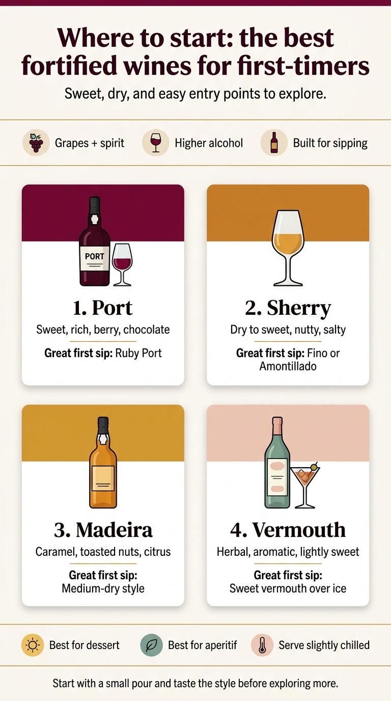 Full-bleed vertical infographic, aspect ratio 9:16, clean modern editorial style, no frame or border, wide multi-section layout, white background with deep burgundy, warm gold, cream, and muted teal accents, elegant sans-serif typography with bold heading and clear hierarchy. Top band across full width with a large bold title in dark burgundy: "Where to start: the best fortified wines for first-timers" and a smaller subtitle beneath it: "Sweet, dry, and easy entry points to explore." Below the title, place a wide horizontal intro strip with three small circular icons spaced evenly: a grape cluster icon labeled "Grapes + spirit", a wine glass icon labeled "Higher alcohol", and a bottle icon labeled "Built for sipping". Main body in a 2-column grid of 4 large cards, each with a colored header, an illustrated bottle/glass icon, and short tasting notes: Top left card: deep ruby background accent with a Port bottle and glass icon. Text: "1. Port" and beneath it "Sweet, rich, berry, chocolate" and "Great first sip: Ruby Port". Top right card: amber background accent with a Sherry glass icon. Text: "2. Sherry" and beneath it "Dry to sweet, nutty, salty" and "Great first sip: Fino or Amontillado". Bottom left card: golden amber background accent with a Madeira bottle icon. Text: "3. Madeira" and beneath it "Caramel, toasted nuts, citrus" and "Great first sip: Medium-dry style". Bottom right card: pale blush background accent with a Vermouth bottle and cocktail glass icon. Text: "4. Vermouth" and beneath it "Herbal, aromatic, lightly sweet" and "Great first sip: Sweet vermouth over ice". At the bottom, add a wide comparison bar with three compact callouts and icons: a sun icon with "Best for dessert", a leaf icon with "Best for aperitif", and a thermometer icon with "Serve slightly chilled". Add a final small footer line centered: "Start with a small pour and taste the style before exploring more." Use crisp vector illustrations, subtle shadows, strong spacing, readable text, balanced alignment, and visually distinct section separators with thin gold lines.