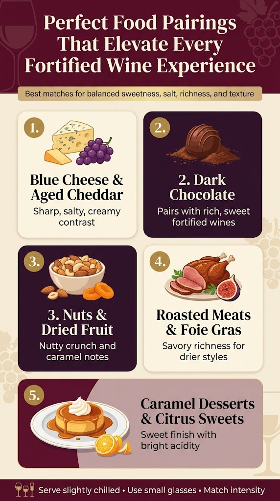 Vertical 9:16 full-bleed infographic, clean premium editorial style, deep burgundy, warm cream, gold, and dark plum color palette, elegant serif headline with modern sans-serif body text, crisp vector illustrations, subtle wine glass and grape motifs in the background, no inset frame, no narrow centered stack. Top banner across full width with large bold title text: “Perfect Food Pairings That Elevate Every Fortified Wine Experience” Below the title, a short horizontal subtitle strip with small text: “Best matches for balanced sweetness, salt, richness, and texture” Main content in a 2-column grid of five rounded rectangular blocks, each with a numbered circle icon and a food illustration: 1. Left top block with a cheese wedge and grapes icon, heading text: “1. Blue Cheese & Aged Cheddar” small body text: “Sharp, salty, creamy contrast” 2. Right top block with a chocolate truffle and cocoa dust icon, heading text: “2. Dark Chocolate” small body text: “Pairs with rich, sweet fortified wines” 3. Left middle block with a bowl of toasted nuts and dried apricots icon, heading text: “3. Nuts & Dried Fruit” small body text: “Nutty crunch and caramel notes” 4. Right middle block with roasted meat and fig icon, heading text: “4. Roasted Meats & Foie Gras” small body text: “Savory richness for drier styles” 5. Full-width bottom block with a dessert plate, caramel tart, and citrus peel icon, heading text: “5. Caramel Desserts & Citrus Sweets” small body text: “Sweet finish with bright acidity” Add a small footer strip at the bottom with wine-glass icons and text: “Serve slightly chilled • Use small glasses • Match intensity” Use clear spacing, strong visual hierarchy, gold number markers, high contrast text, polished infographic composition, professional and luxurious wine-pairing aesthetic.