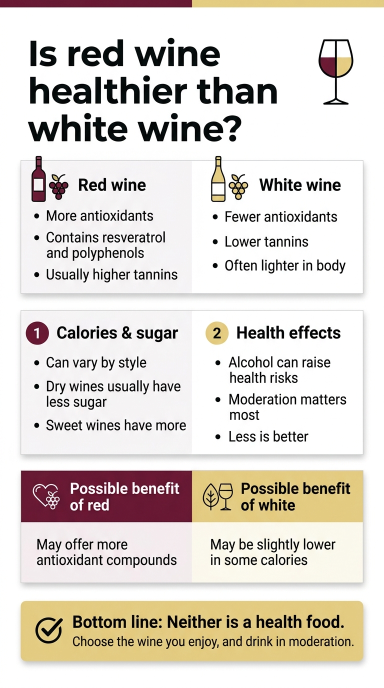 Create a full-bleed vertical infographic in 9:16 aspect ratio with a clean modern medical-editorial style. Use a deep burgundy, pale gold, and crisp white color palette with dark charcoal text. Bold sans-serif headline at the top, large and centered-left: "Is red wine healthier than white wine?" Include a small wine glass icon split into red and white halves beside the title. Arrange the infographic in 4 wide horizontal comparison blocks across the page, not a narrow centered stack. Block 1, left side: a red wine bottle and grape icon with the heading "Red wine" and the text: "More antioxidants" "Contains resveratrol and polyphenols" "Usually higher tannins" Block 1, right side: a white wine bottle and grape icon with the heading "White wine" and the text: "Fewer antioxidants" "Lower tannins" "Often lighter in body" Block 2, left side: a red circle badge with "1" and the heading "Calories & sugar" with the text: "Can vary by style" "Dry wines usually have less sugar" "Sweet wines have more" Block 2, right side: a yellow circle badge with "2" and the heading "Health effects" with the text: "Alcohol can raise health risks" "Moderation matters most" "Less is better" Block 3, full-width comparison bar with two columns and icons: Left column heading: "Possible benefit of red" with a heart and grape icon Text: "May offer more antioxidant compounds" Right column heading: "Possible benefit of white" with a leaf and glass icon Text: "May be slightly lower in some calories" Block 4, bottom summary banner with a clear checkmark icon and the bold text: "Bottom line: Neither is a health food." "Choose the wine you enjoy, and drink in moderation." Use clear section dividers, subtle shadows, neat alignment, strong hierarchy, and large readable text. Include small numbered markers, simple iconography, and a polished infographic layout with balanced spacing.