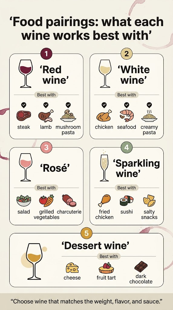 Cabernet Sauvignon vs Merlot: Key Differences Vertical 9:16 full-bleed infographic on a clean cream background with subtle wine-stain accents, modern editorial style, bold sans-serif typography, dark charcoal text with burgundy, blush, gold, and sage green highlights. Top full-width header with large bold title in quotes: "Food pairings: what each wine works best with". Below the title, a 2-column grid of five rounded rectangular cards with thin elegant dividers, each card containing a wine glass icon and food icons. Top-left card: burgundy wine glass icon, heading in quotes: "Red wine", small labels: "Best with", and three icon-text pairings: steak, lamb, mushroom pasta. Top-right card: pale gold wine glass icon, heading in quotes: "White wine", small labels: "Best with", and three icon-text pairings: chicken, seafood, creamy pasta. Middle-left card: pink wine glass icon, heading in quotes: "Rosé", small labels: "Best with", and three icon-text pairings: salad, grilled vegetables, charcuterie. Middle-right card: sparkling flute icon with bubbles, heading in quotes: "Sparkling wine", small labels: "Best with", and three icon-text pairings: fried chicken, sushi, salty snacks. Bottom full-width card: dessert wine glass icon with honey-gold accent, heading in quotes: "Dessert wine", small labels: "Best with", and three icon-text pairings: cheese, fruit tart, dark chocolate. Add small numbered badges 1 through 5 on each card. Use clear icon markers beside each food pairing. Include a slim footer strip with the text in quotes: "Choose wine that matches the weight, flavor, and sauce." Clean spacing, crisp vector shapes, professional infographic layout, no photo realism.