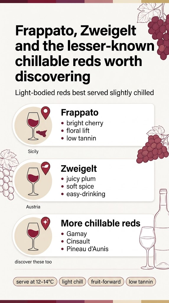 Create a full-bleed vertical infographic in 9:16 aspect ratio about chillable red wines, with a clean modern editorial style and no outer poster frame. Use a warm wine palette of burgundy, garnet, plum, dusty rose, cream, and muted gold, with crisp white space and subtle texture. Large bold heading across the top: "Frappato, Zweigelt and the lesser-known chillable reds worth discovering". Add a smaller subheading beneath it: "Light-bodied reds best served slightly chilled". Lay out the main content in three wide horizontal feature blocks across the middle, each with a colored wine-glass icon and a small grape or bottle marker: Left block: a circular icon of a red wine glass with a Sicilia map pin, heading "Frappato", and three short bullets: "bright cherry", "floral lift", "low tannin". Add small text under it: "Sicily". Center block: a circular icon of a red wine glass with an Austria pin, heading "Zweigelt", and three short bullets: "juicy plum", "soft spice", "easy-drinking". Add small text under it: "Austria". Right block: a circular icon of a red wine glass with a discovery spark symbol, heading "More chillable reds", and three short bullets: "Gamay", "Cinsault", "Pineau d'Aunis". Add small text under it: "discover these too". Add a bottom band with four compact tags in rounded boxes: "serve at 12–14°C", "light chill", "fruit-forward", "low tannin". Include subtle line illustrations of red grapes, a wine bottle, and a stemmed glass in the background, keeping the layout balanced and airy. Use bold sans-serif for the title, clean sans-serif for section headings, and smaller readable sans-serif for bullets. Ensure all text is sharp, high contrast, and clearly legible.