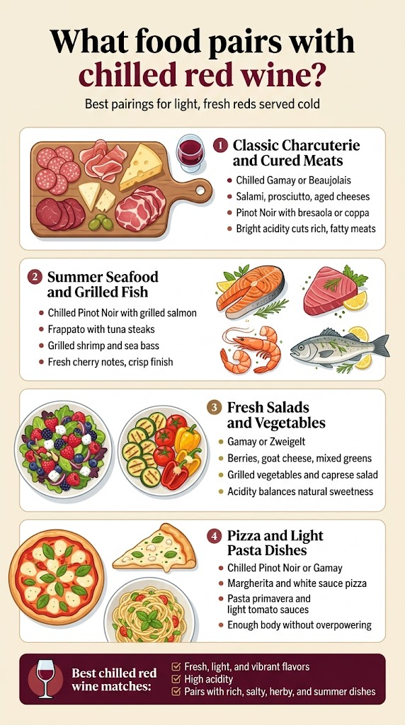 Create a full-bleed vertical infographic in 9:16 aspect ratio with a clean modern editorial style, bright food-and-wine color palette, and strong visual hierarchy. Use a warm cream background with deep burgundy, cherry red, soft sage, olive, mustard, and charcoal accents. Use elegant sans-serif fonts with bold title text and clear section headers. Place a large top heading across the full width. Top header text, centered: "What food pairs with chilled red wine?" Add a small subtitle beneath in smaller text: "Best pairings for light, fresh reds served cold" Below the title, organize the content into 4 wide horizontal sections or two-column blocks with illustrated food icons and short text callouts. Avoid a narrow centered stack. Use thin divider lines, rounded cards, and small numbered markers. Section 1 on upper left and upper right, with a charcuterie board illustration: "1 Classic Charcuterie and Cured Meats" Show icons/illustrations of salami slices, prosciutto ribbons, aged cheese wedges, bresaola, and coppa on a rustic board. Add a small chilled red wine glass icon with condensation. Include short text bullets: "Chilled Gamay or Beaujolais" "Salami, prosciutto, aged cheeses" "Pinot Noir with bresaola or coppa" "Bright acidity cuts rich, fatty meats" Section 2 beneath it, with seafood illustrations: "2 Summer Seafood and Grilled Fish" Show illustrated grilled salmon, tuna steak, shrimp, and sea bass with herbs and lemon. Include short text bullets: "Chilled Pinot Noir with grilled salmon" "Frappato with tuna steaks" "Grilled shrimp and sea bass" "Fresh cherry notes, crisp finish" Section 3, with salad and vegetables illustrations: "3 Fresh Salads and Vegetables" Show a bowl of summer salad with berries, goat cheese, and mixed greens, plus grilled zucchini, tomatoes, and bell peppers. Include short text bullets: "Gamay or Zweigelt" "Berries, goat cheese, mixed greens" "Grilled vegetables and caprese salad" "Acidity balances natural sweetness" Section 4, with pizza and pasta illustrations: "4 Pizza and Light Pasta Dishes" Show a margherita pizza slice, white sauce pizza, and a bowl of light pasta primavera with herbs. Include short text bullets: "Chilled Pinot Noir or Gamay" "Margherita and white sauce pizza" "Pasta primavera and light tomato sauces" "Enough body without overpowering" Add a bottom summary band across the full width with a wine glass icon and a simple checklist style: "Best chilled red wine matches:" "Fresh, light, and vibrant flavors" "High acidity" "Pairs with rich, salty, herby, and summer dishes" Use clean vector illustrations, crisp labels, balanced spacing, and polished infographic composition. Keep all text legible, with the title largest, section headers medium-bold, and bullets smaller.