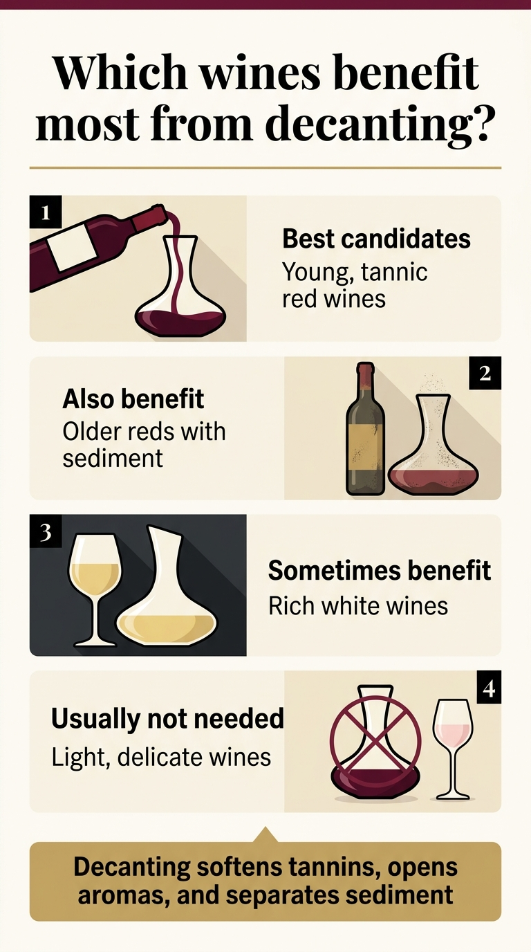 Create a full-bleed vertical infographic in 9:16 aspect ratio with a clean modern editorial style, no border frame, no inset margins, using a deep burgundy, warm cream, charcoal, and muted gold color palette. Place a bold large heading across the top: "Which wines benefit most from decanting?" in elegant serif typography, with a thin gold divider line beneath it. Arrange the content in four wide horizontal sections across the middle and lower area, using two-column blocks with clear spacing, not a narrow centered stack. Each block should include a large wine-related icon on the left and short text on the right. Section 1 at upper-left: a dark red bottle pouring into a decanter icon, with the text "Best candidates" and below it "Young, tannic red wines". Section 2 at upper-right: an aged bottle and dusted decanter icon, with the text "Also benefit" and below it "Older reds with sediment". Section 3 at lower-left: a full-bodied white wine glass and decanter icon, with the text "Sometimes benefit" and below it "Rich white wines". Section 4 at lower-right: a small crossed-out decanter icon beside a delicate wine glass, with the text "Usually not needed" and below it "Light, delicate wines". Add a centered bottom callout bar in muted gold with bold text: "Decanting softens tannins, opens aromas, and separates sediment". Use clean sans-serif body text, strong hierarchy, subtle shadows, and crisp vector-style illustrations.