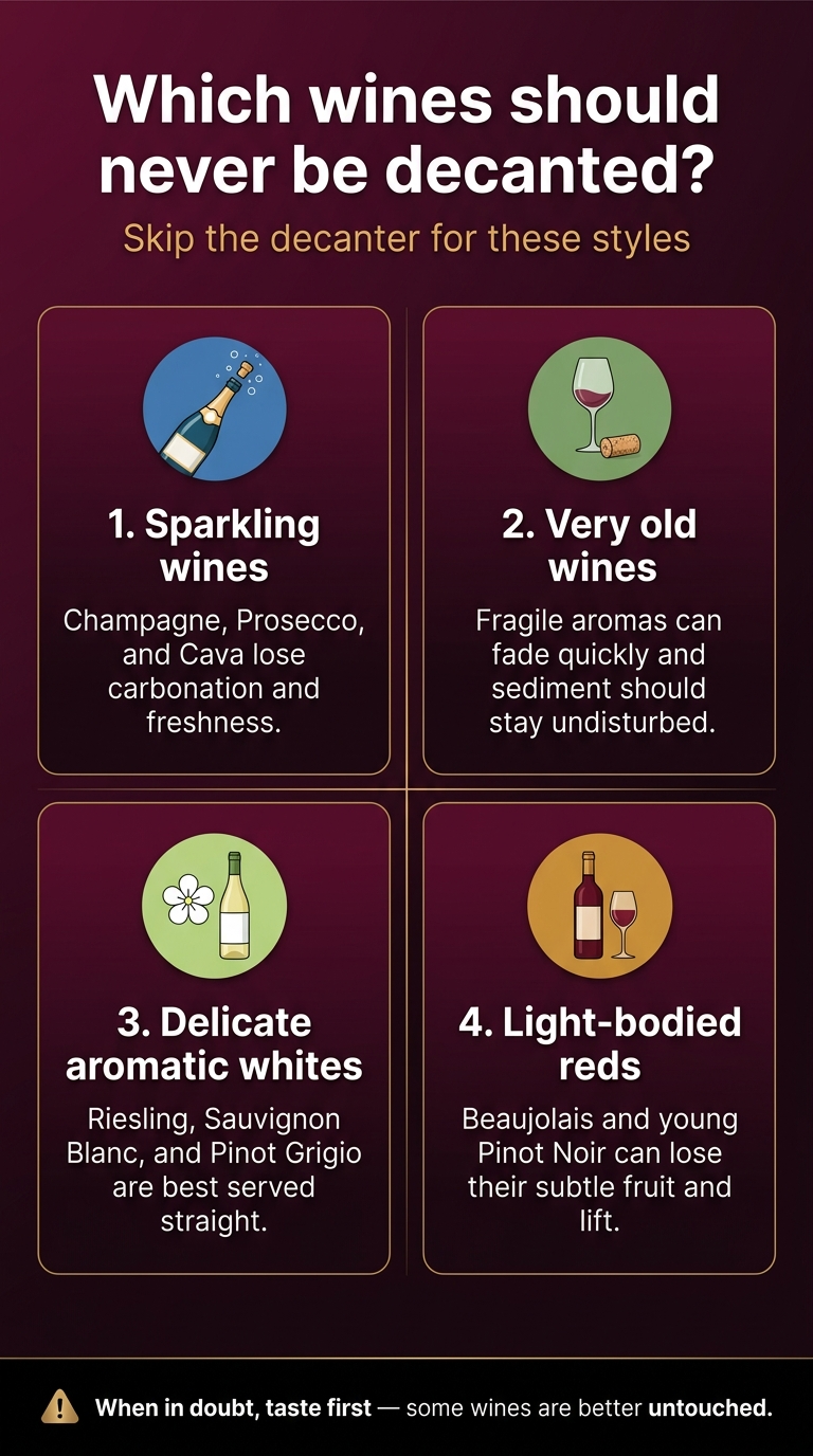 Vertical 9:16 full-bleed infographic on a deep burgundy-to-black gradient background with elegant gold accents, clean modern sans-serif typography, high contrast, professional wine-themed illustration style. Top header across the full width: Large bold white title: "Which wines should never be decanted?" Smaller gold subtitle beneath: "Skip the decanter for these styles" Main content in a 2x2 grid of wide rounded rectangular panels filling the center and lower area, with clear spacing and thin gold dividers. Each panel has a colored circular icon on the left and bold heading text with one short line of body text. Panel 1, upper left: Blue circle icon with sparkling wine bottle and bubbles. Heading: "1. Sparkling wines" Body text: "Champagne, Prosecco, and Cava lose carbonation and freshness." Panel 2, upper right: Green circle icon with delicate wine glass and aging cork. Heading: "2. Very old wines" Body text: "Fragile aromas can fade quickly and sediment should stay undisturbed." Panel 3, lower left: Light green circle icon with white floral aroma icon and white wine bottle. Heading: "3. Delicate aromatic whites" Body text: "Riesling, Sauvignon Blanc, and Pinot Grigio are best served straight." Panel 4, lower right: Amber circle icon with light-bodied red wine bottle and thin glass. Heading: "4. Light-bodied reds" Body text: "Beaujolais and young Pinot Noir can lose their subtle fruit and lift." Bottom footer strip across the full width with a small gold warning icon and short closing line: Bold text: "When in doubt, taste first — some wines are better untouched." Use clear hierarchy, crisp white text for headings, warm gold for accents, subtle wine-glass and bottle illustrations in each panel, no inset frame, no centered vertical stack, balanced wide layout, polished editorial infographic design.
