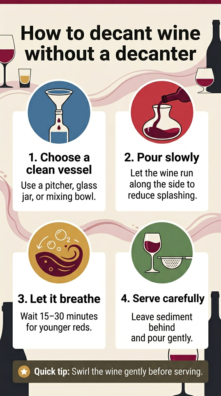Aspect ratio 9:16, full-bleed infographic with a clean modern kitchen style. Bold top heading centered across the full width in large dark text: "How to decant wine without a decanter". Below the heading, arrange four large numbered instruction blocks in a two-column grid, with clear spacing and visual hierarchy, using wine-red, cream, charcoal, and warm gold accents. Block 1 at upper left: a blue circular icon with a funnel and bottle, label text: "1. Choose a clean vessel" and smaller text: "Use a pitcher, glass jar, or mixing bowl." Block 2 at upper right: a red circular icon with a wine bottle pouring into a wide glass container, label text: "2. Pour slowly" and smaller text: "Let the wine run along the side to reduce splashing." Block 3 at lower left: a gold circular icon with swirling liquid and oxygen bubbles, label text: "3. Let it breathe" and smaller text: "Wait 15–30 minutes for younger reds." Block 4 at lower right: a green circular icon with a wine glass and strainer, label text: "4. Serve carefully" and smaller text: "Leave sediment behind and pour gently." Add a bottom horizontal tip band spanning the full width with a small star icon and bold text: "Quick tip: Swirl the wine gently before serving." Include subtle decorative wine glasses, bottle silhouettes, and soft flowing liquid lines in the background. Use crisp sans-serif fonts, strong contrast, neat alignment, and a polished editorial infographic layout.