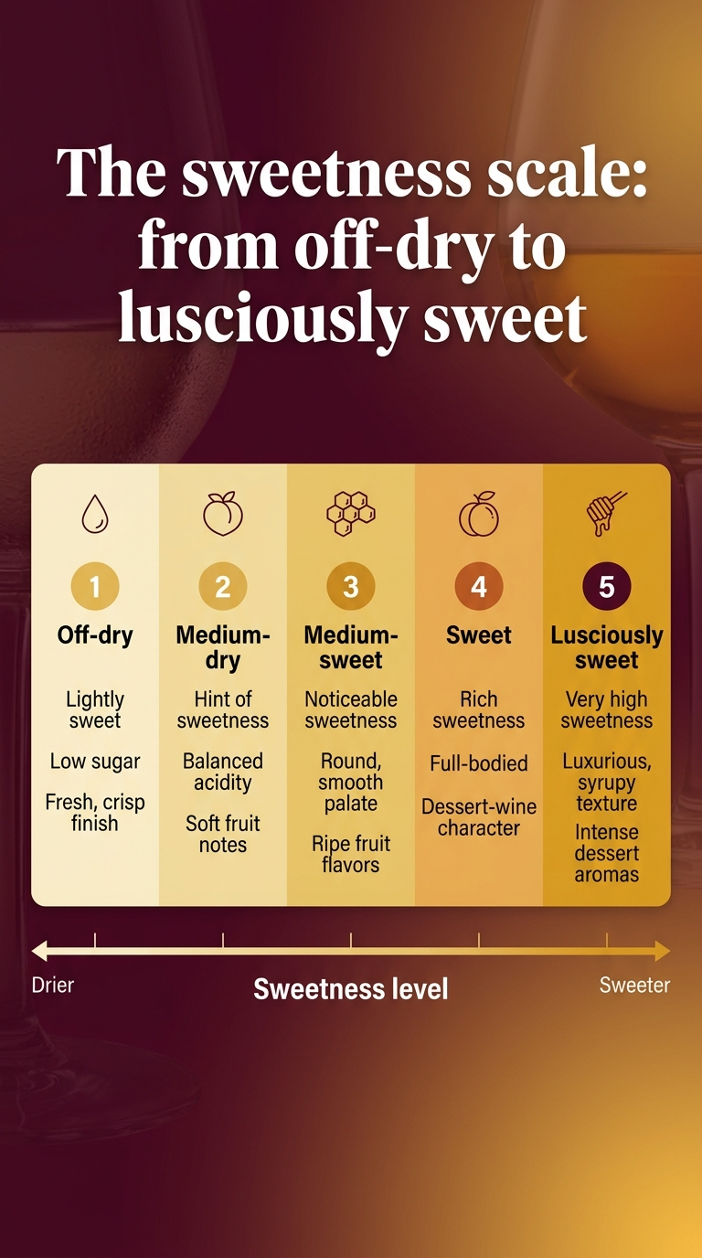 Sweet Wine Guide: Best Types and Bottles to Try 9:16 vertical infographic, full-bleed layout with no border or inset frame, clean modern editorial design. Deep burgundy-to-amber-to-gold gradient background with soft wine-glass texture accents, crisp white typography, elegant serif title and clean sans-serif body text. Top center: large bold heading in white, exact text: "The sweetness scale: from off-dry to lusciously sweet" Below the heading, across the middle of the page, a wide horizontal sweetness scale with 5 connected sections from left to right, using a color gradient from pale straw to rich golden honey to deep amber. Each section has a large number in a colored circle and a small icon above it. Keep the layout wide and spacious, not a narrow centered stack. Section 1 on the far left: pale straw panel, small droplet icon, exact text: "1 Off-dry" "Lightly sweet" "Low sugar" "Fresh, crisp finish" Section 2: light gold panel, small peach icon, exact text: "2 Medium-dry" "Hint of sweetness" "Balanced acidity" "Soft fruit notes" Section 3: warm gold panel, small honeycomb icon, exact text: "3 Medium-sweet" "Noticeable sweetness" "Round, smooth palate" "Ripe fruit flavors" Section 4: amber panel, small apricot icon, exact text: "4 Sweet" "Rich sweetness" "Full-bodied" "Dessert-wine character" Section 5 on the far right: deep amber-gold panel, small honey drizzle icon, exact text: "5 Lusciously sweet" "Very high sweetness" "Luxurious, syrupy texture" "Intense dessert aromas" Under the scale, across the lower third, add a thin legend bar labeled in bold: "Sweetness level" with a left-to-right arrow and small labels underneath: "Drier" on the left, "Sweeter" on the right. Add subtle tick marks between sections. Use clear spacing and alignment, with the section labels left-aligned within each block and the icons centered above each title. Professional infographic style, high contrast, polished and easy to read.