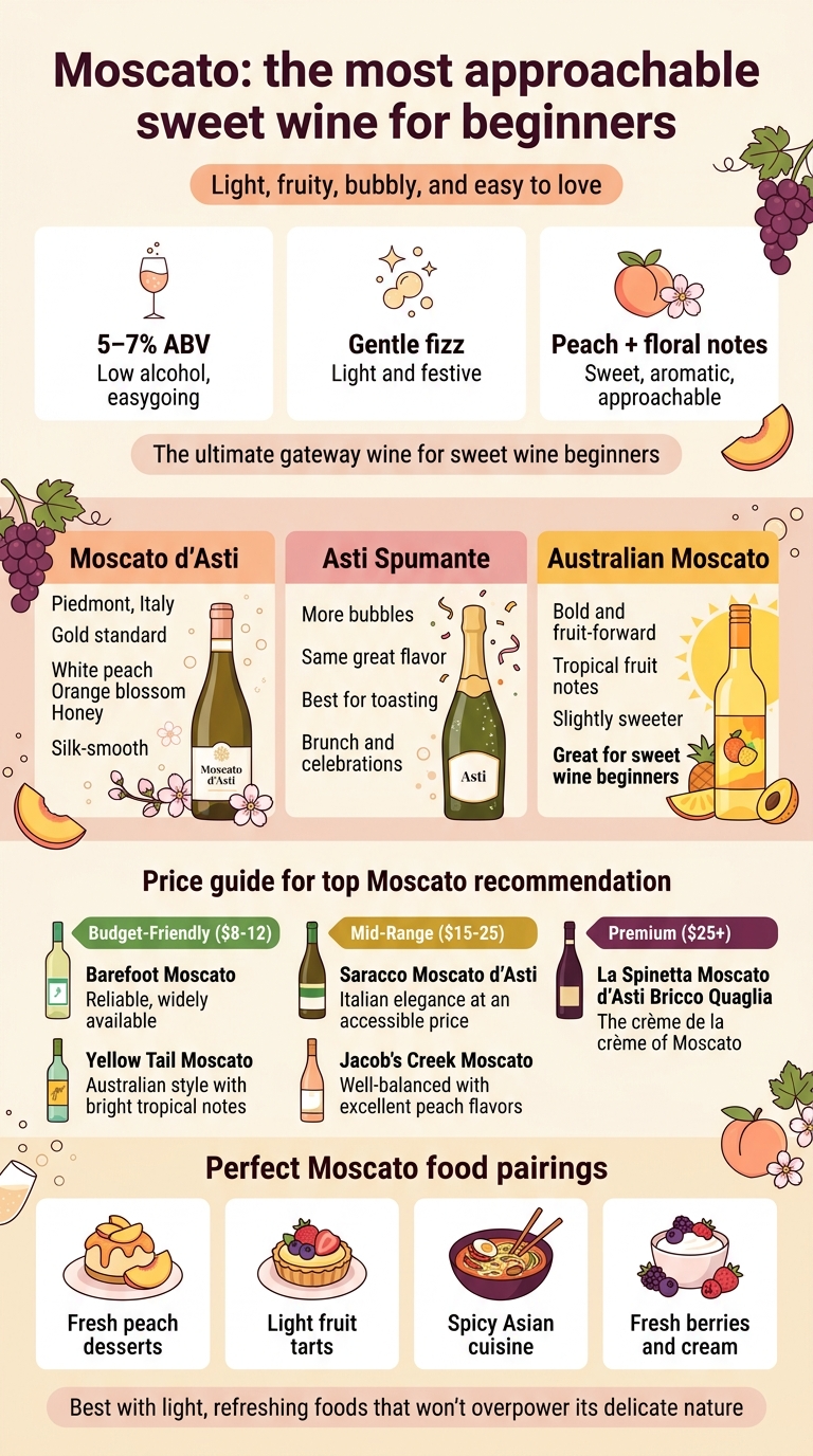 Sweet Wine Guide: Best Types and Bottles to Try Create a clean, professional full-bleed infographic illustration in vertical 9:16 format with no poster frame and no inset margins. Use a modern wine-magazine style with soft cream background, peach, blush pink, golden yellow, and deep plum accents. Use bold sans-serif for headings and clean readable sans-serif for body text. Organize content in wide horizontal sections and 2-column blocks, not a narrow centered stack. TOP HEADER: At the top, place a large bold title in dark plum: "Moscato: the most approachable sweet wine for beginners" Add a small subtitle line beneath in warm peach: "Light, fruity, bubbly, and easy to love" SECTION 1 — WHY MOSCATO IS PERFECT FOR BEGINNERS: Across the upper-middle area, place three side-by-side feature cards with icons: 1) A small wine glass icon with tiny bubbles and text: "5–7% ABV" "Low alcohol, easygoing" 2) A sparkling bubbles icon with text: "Gentle fizz" "Light and festive" 3) A peach and floral blossom icon with text: "Peach + floral notes" "Sweet, aromatic, approachable" Add a short highlighted sentence in a rounded banner: "The ultimate gateway wine for sweet wine beginners" SECTION 2 — MOSCATO STYLES: Place a wide comparison band across the middle with three panels from left to right: LEFT PANEL: Label in bold: "Moscato d'Asti" Text: "Piedmont, Italy" "Gold standard" "White peach" "Orange blossom" "Honey" "Silk-smooth" Visual: elegant Italian wine bottle, delicate bubbles, peach blossoms CENTER PANEL: Label in bold: "Asti Spumante" Text: "More bubbles" "Same great flavor" "Best for toasting" "Brunch and celebrations" Visual: sparkling bottle with larger bubbles and celebratory confetti RIGHT PANEL: Label in bold: "Australian Moscato" Text: "Bold and fruit-forward" "Tropical fruit notes" "Slightly sweeter" "Great for sweet wine beginners" Visual: bright bottle, tropical fruit icons, sunlit colors SECTION 3 — TOP MOSCATO RECOMMENDATIONS BY PRICE POINT: Place a clean 3-column price guide with small bottle icons and color-coded price tags: LEFT COLUMN in green tag: "Budget-Friendly ($8-12)" "Barefoot Moscato" "Reliable, widely available" "Yellow Tail Moscato" "Australian style with bright tropical notes" MIDDLE COLUMN in gold tag: "Mid-Range ($15-25)" "Saracco Moscato d'Asti" "Italian elegance at an accessible price" "Jacob's Creek Moscato" "Well-balanced with excellent peach flavors" RIGHT COLUMN in plum tag: "Premium ($25+)" "La Spinetta Moscato d'Asti Bricco Quaglia" "The crème de la crème of Moscato" SECTION 4 — PERFECT MOSCATO FOOD PAIRINGS: At the bottom, use four illustrated food cards in a 2x2 grid with icons and labels: "Fresh peach desserts" "Light fruit tarts" "Spicy Asian cuisine" "Fresh berries and cream" Add a short footer line in a soft banner: "Best with light, refreshing foods that won't overpower its delicate nature" Add subtle decorative grape vines, peach slices, and tiny bubbles around the sections. Keep the layout airy, balanced, and highly legible with strong visual hierarchy, clear section labels, and icon-based storytelling.