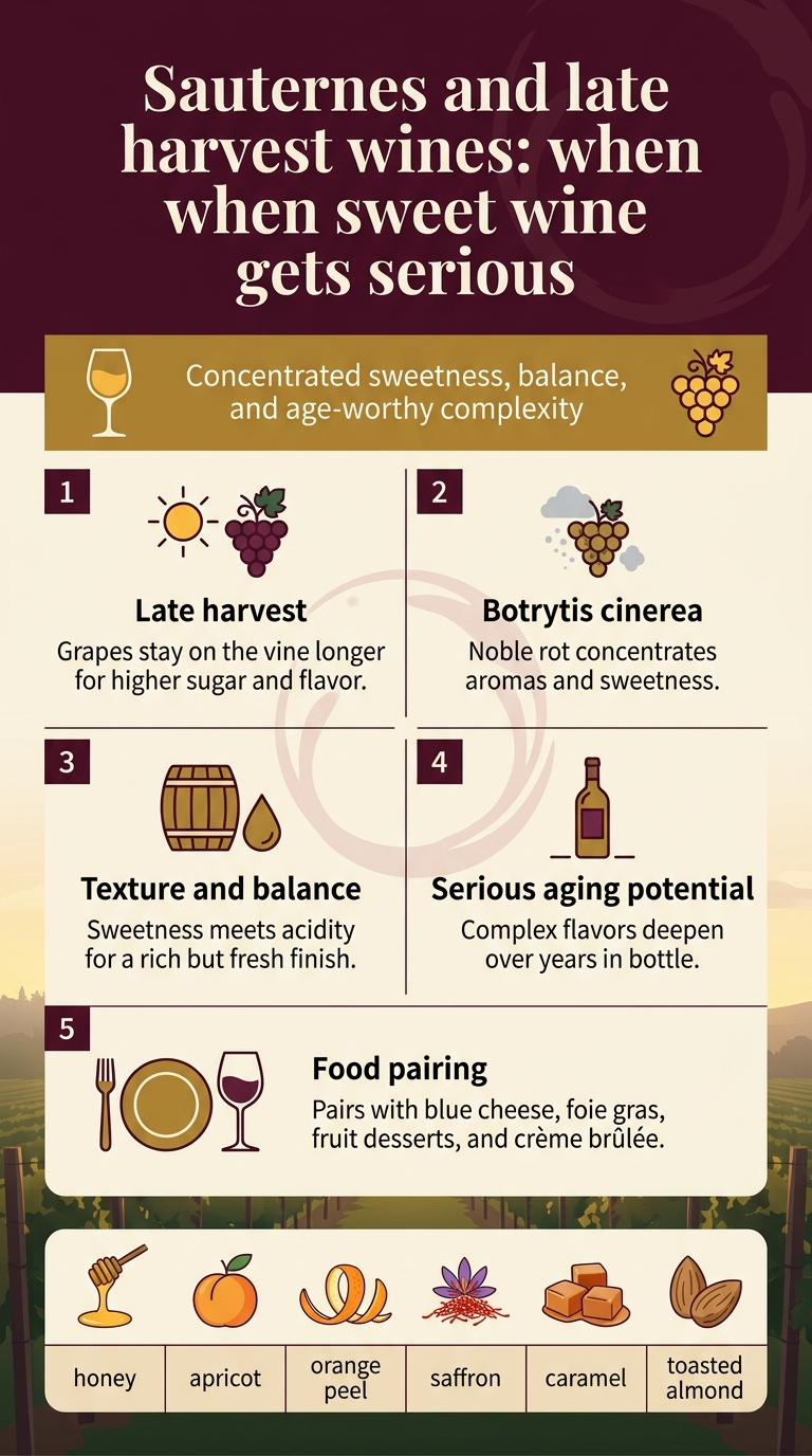 Sweet Wine Guide: Best Types and Bottles to Try Full-bleed vertical infographic, aspect ratio 9:16, clean modern editorial style, dark burgundy, honey gold, cream, and deep green color palette, elegant serif headline with sans-serif body text. Top center: large bold heading in cream text, exact text: "Sauternes and late harvest wines: when sweet wine gets serious" Below heading, wide horizontal intro band with a gold wine glass icon on the left and a ripe grape cluster icon on the right, centered subtitle text in smaller sans-serif: "Concentrated sweetness, balance, and age-worthy complexity" Middle section arranged in two wide columns with five numbered feature blocks, each block with a simple icon, short title, and one-line detail: 1. Left column top: sun and grape cluster icon, title: "Late harvest", text: "Grapes stay on the vine longer for higher sugar and flavor." 2. Right column top: mist and noble rot icon, title: "Botrytis cinerea", text: "Noble rot concentrates aromas and sweetness." 3. Left column middle: wine barrel and droplet icon, title: "Texture and balance", text: "Sweetness meets acidity for a rich but fresh finish." 4. Right column middle: aging bottle icon, title: "Serious aging potential", text: "Complex flavors deepen over years in bottle." 5. Full-width lower block with plate and wine glass icon, title: "Food pairing", text: "Pairs with blue cheese, foie gras, fruit desserts, and crème brûlée." Bottom section: wide visual tasting strip across the page with illustrated notes and labels in small capsule boxes: "honey", "apricot", "orange peel", "saffron", "caramel", "toasted almond" Include a subtle background illustration of a vineyard at dusk with soft golden light, faint vine rows, and a translucent wine swirl motif behind the content. Use clear spacing, strong hierarchy, crisp vector icons, and balanced multi-column layout. No borders, no frame, no mockup devices.
