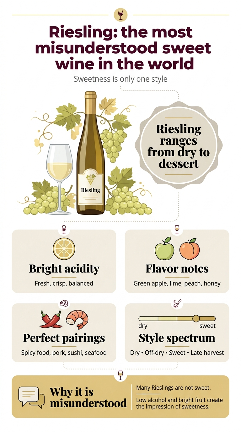 Sweet Wine Guide: Best Types and Bottles to Try Create a full-bleed vertical infographic in 9:16 aspect ratio about Riesling wine, with a clean professional editorial style, modern flat vector illustration, crisp typography, and a balanced multi-section layout using wide horizontal blocks instead of a narrow centered stack. Use a white background with pale gold, soft green, cream, and deep burgundy accents. Top header across the full width: Large bold title text in dark burgundy: "Riesling: the most misunderstood sweet wine in the world" Small subtitle beneath in gray: "Sweetness is only one style" Center hero section: A detailed illustrated Riesling wine bottle on the left-center with a glass of white wine beside it, surrounded by light green grape clusters and vine leaves, with subtle golden highlights. To the right of the bottle, a large badge-style callout with bold text: "Riesling ranges from dry to dessert" Middle section arranged as four wide cards in a 2x2 grid: Card 1 with a citrus slice icon and bold label: "Bright acidity" Smaller text: "Fresh, crisp, balanced" Card 2 with an apple and peach icon and bold label: "Flavor notes" Smaller text: "Green apple, lime, peach, honey" Card 3 with a spice chili and seafood icon and bold label: "Perfect pairings" Smaller text: "Spicy food, pork, sushi, seafood" Card 4 with a sweetness scale icon from dry to sweet and bold label: "Style spectrum" Smaller text: "Dry • Off-dry • Sweet • Late harvest" Bottom section as a wide banner: Left side: a speech-bubble icon with bold text: "Why it is misunderstood" Right side text in two short lines: "Many Rieslings are not sweet." "Low alcohol and bright fruit create the impression of sweetness." Add small decorative wine icons, tasting notes symbols, and subtle dotted lines connecting sections. Use elegant sans-serif fonts, strong hierarchy, dark text on light panels, and gold accent lines. Keep spacing clean, aligned, and airy, with no frame border and no inset poster margins.