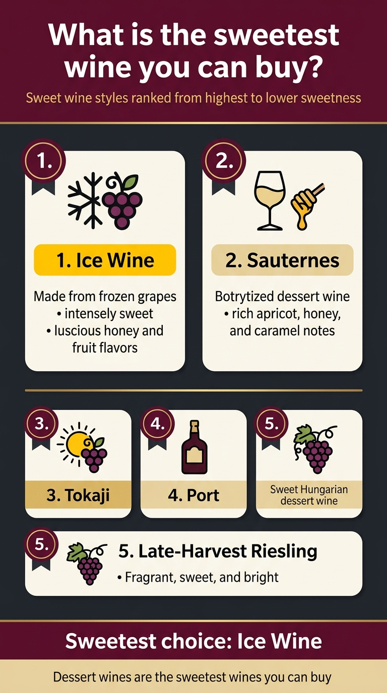 Sweet Wine Guide: Best Types and Bottles to Try Vertical 9:16 full-bleed infographic, clean professional editorial style, rich deep wine-red, cream, gold, and dark charcoal palette, modern sans-serif fonts with bold headline at top. Top banner across full width with large bold title in white: "What is the sweetest wine you can buy?" Small subtitle beneath in gold: "Sweet wine styles ranked from highest to lower sweetness" Middle section split into two wide columns with rounded cards and clear icons: Left column, large card labeled "1. Ice Wine" with a snowflake and grape cluster icon, bright gold highlight bar, short text: "Made from frozen grapes • intensely sweet • luscious honey and fruit flavors" Right column, large card labeled "2. Sauternes" with a wine glass and honey drip icon, pale gold highlight bar, short text: "Botrytized dessert wine • rich apricot, honey, and caramel notes" Bottom middle section, three smaller horizontal cards spanning the width: "3. Tokaji" with a sun and grape icon, text: "Sweet Hungarian dessert wine" "4. Port" with a fortified wine bottle icon, text: "Dark, sweet, and rich" "5. Late-Harvest Riesling" with a grape vine icon, text: "Fragrant, sweet, and bright" Bottom footer bar across full width with a bold callout in white on deep wine-red: "Sweetest choice: Ice Wine" Small note in cream: "Dessert wines are the sweetest wines you can buy" Use strong visual hierarchy, numbered labels in circular badges, crisp spacing, subtle gold dividers, polished infographic icons, balanced multi-column layout, no empty margins, no centered vertical stack.
