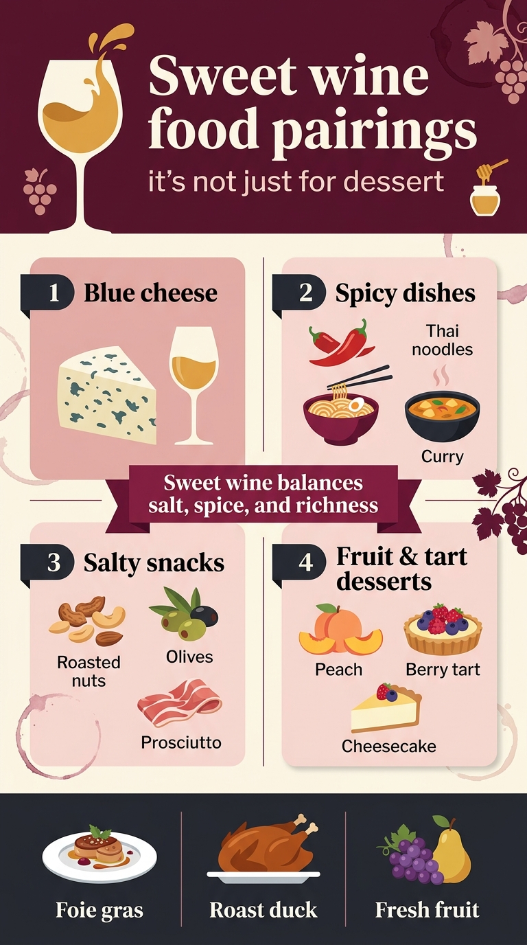 Sweet Wine Guide: Best Types and Bottles to Try Create a full-bleed 9:16 vertical infographic with a clean modern editorial style, warm elegant color palette of deep burgundy, blush pink, golden amber, cream, and dark charcoal accents. Use a bold serif headline at the top with a smaller sans-serif subtitle beneath it. Large title text: "Sweet wine food pairings" on the first line and "it's not just for dessert" on the second line. No border frame, no inset poster margins. Layout: wide, balanced infographic with a top header, then a 2-column grid of pairing blocks across the middle, and a slim takeaway strip at the bottom. Use clear section dividers, rounded cards, and simple flat vector icons. Top header: a large wine glass icon with golden wine splash beside the title, plus small grape and honey icons. Middle section: 4 illustrated pairing blocks with numbered labels and icons, arranged in two columns and two rows: 1. "Blue cheese" with a wedge of blue cheese icon and a wine glass. 2. "Spicy dishes" with chili pepper, Thai noodles, and curry bowl icons. 3. "Salty snacks" with roasted nuts, olives, and prosciutto icons. 4. "Fruit & tart desserts" with peach slices, berry tart, and cheesecake icons. Add a smaller center callout band across the middle between the blocks: "Sweet wine balances salt, spice, and richness" in bold white text on a burgundy ribbon. Bottom strip: three small icon-and-label pairings in a horizontal row: "Foie gras" with a plated gourmet dish icon, "Roast duck" with a roasted duck icon, "Fresh fruit" with grapes and pear icon. Typography: bold elegant serif for headings, clean sans-serif for labels, high contrast and readable. Use subtle wine stains, grapevine accents, and soft shadows. Include only the displayed text exactly as written.