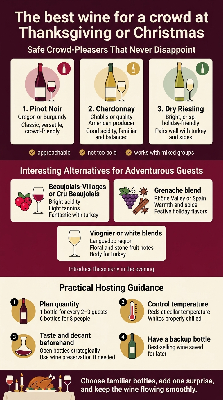Create a full-bleed vertical infographic in 9:16 aspect ratio with a clean modern food-and-wine editorial style, warm Thanksgiving/Christmas color palette of deep burgundy, cranberry red, gold, cream, forest green, and soft charcoal accents. Use bold sans-serif typography for headings and readable sans-serif body text. No poster frame; elements should fill the entire canvas edge to edge. TOP HEADER: Large bold title across the top: "The best wine for a crowd at Thanksgiving or Christmas" Subheading directly below in smaller text: "Safe Crowd-Pleasers That Never Disappoint" SECTION 1 — CENTER TOP WIDE PANEL: Three side-by-side wine cards with illustrated bottles and glasses, each with a colored circular icon. Card 1 left: red wine bottle icon and text: "1. Pinot Noir" "Oregon or Burgundy" "Classic, versatile, crowd-friendly" Card 2 center: white wine bottle icon and text: "2. Chardonnay" "Chablis or quality American producer" "Good acidity, familiar and balanced" Card 3 right: white wine bottle icon and text: "3. Dry Riesling" "Bright, crisp, holiday-friendly" "Pairs well with turkey and sides" Add small checkmark icons beside the phrases "approachable", "not too bold", and "works with mixed groups" in a slim banner below the cards. SECTION 2 — MIDDLE WIDE PANEL: Heading: "Interesting Alternatives for Adventurous Guests" Two larger side-by-side blocks with distinct icons. Left block with a bright red berry icon and wine glass: "Beaujolais-Villages or Cru Beaujolais" "Bright acidity" "Light tannins" "Fantastic with turkey" Right block with a grape cluster and spice icon: "Grenache blend" "Rhône Valley or Spain" "Warmth and spice" "Festive holiday flavors" Below them, a smaller white-wine block: "Viognier or white blends" "Languedoc region" "Floral and stone fruit notes" "Body for turkey" Add a small note line at the bottom of this section: "Introduce these early in the evening" SECTION 3 — BOTTOM WIDE PANEL: Heading: "Practical Hosting Guidance" Use four compact icon-based steps arranged in a 2x2 grid with clear labels. Step 1 with bottle icon: "Plan quantity" "1 bottle for every 2–3 guests" "6 bottles for 8 people" Step 2 with thermometer icon: "Control temperature" "Reds at cellar temperature" "Whites properly chilled" Step 3 with decanter icon: "Taste and decant beforehand" "Open bottles strategically" "Use wine preservation if needed" Step 4 with backup bottle icon: "Have a backup bottle" "Best-selling wine saved for later" BOTTOM FOOTER STRIP: A small elegant banner with a dinner-table illustration of turkey, candles, and wine glasses, plus bold closing text: "Choose familiar bottles, add one surprise, and keep the wine flowing smoothly."