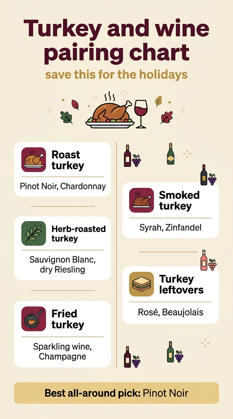Vertical 9:16 full-bleed infographic with a clean modern holiday look, warm cream background, deep burgundy, forest green, gold, and dark charcoal accents, elegant sans-serif fonts with bold headline typography. Top header across the full width: large bold title text in dark burgundy, "Turkey and wine pairing chart" Directly below in smaller gold text: "save this for the holidays" Center top area: a simple illustrated turkey dinner icon with a wine glass beside it, surrounded by small festive leaves and subtle sparkle accents. Main content arranged in two wide columns with five rounded rectangular pairing cards, each card with a colored icon on the left, a bold dish label, and a wine match line beneath. Left column: 1. Card with roasted turkey icon and text: "Roast turkey" "Pinot Noir, Chardonnay" 2. Card with herb sprig icon and text: "Herb-roasted turkey" "Sauvignon Blanc, dry Riesling" 3. Card with frying pan icon and text: "Fried turkey" "Sparkling wine, Champagne" Right column: 4. Card with smoked turkey icon and text: "Smoked turkey" "Syrah, Zinfandel" 5. Card with sandwich icon and text: "Turkey leftovers" "Rosé, Beaujolais" Bottom band across the full width with a highlighted tip box in soft gold: "Best all-around pick: Pinot Noir" Include small wine bottle and grape cluster icons near the pairing cards, thin divider lines, balanced spacing, and a polished infographic hierarchy. Keep the layout airy, readable, and visually organized with no border frame.