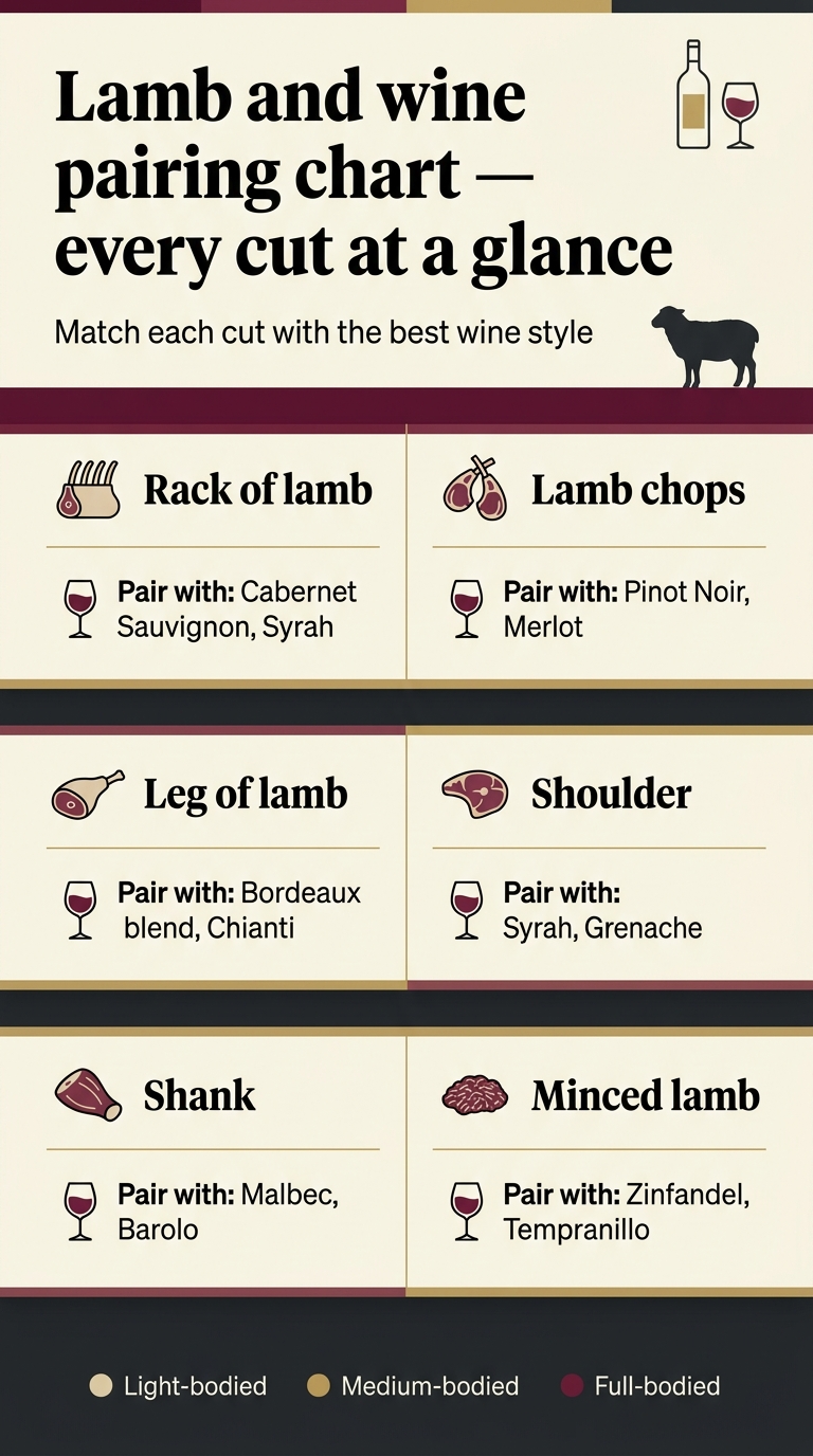 Wine and Lamb Pairing: The Definitive Guide 9:16 vertical infographic, full-bleed layout with no frame, no inset margins, clean modern editorial style. Deep burgundy, warm cream, charcoal, and muted gold color palette. Bold serif title at the top: “Lamb and wine pairing chart — every cut at a glance”. Small subtitle under title: “Match each cut with the best wine style”. Across the center, arrange a 2-column by 3-row grid of six wide horizontal cards, each card with a small lamb-cut icon on the left, the cut name in bold, and a wine pairing line with a wine glass icon. Use thin gold dividers and subtle background shading. Keep the layout spacious and balanced, not a narrow vertical stack. Card 1: “Rack of lamb” — “Pair with: Cabernet Sauvignon, Syrah” Card 2: “Lamb chops” — “Pair with: Pinot Noir, Merlot” Card 3: “Leg of lamb” — “Pair with: Bordeaux blend, Chianti” Card 4: “Shoulder” — “Pair with: Syrah, Grenache” Card 5: “Shank” — “Pair with: Malbec, Barolo” Card 6: “Minced lamb” — “Pair with: Zinfandel, Tempranillo” Add a small bottom legend bar with three wine style labels and colored dots: “Light-bodied”, “Medium-bodied”, “Full-bodied”. Include simple line icons of a wine bottle, wine glass, and lamb silhouette near the title area. Use high-contrast typography, bold headings, clean sans-serif body text, and neat infographic iconography.