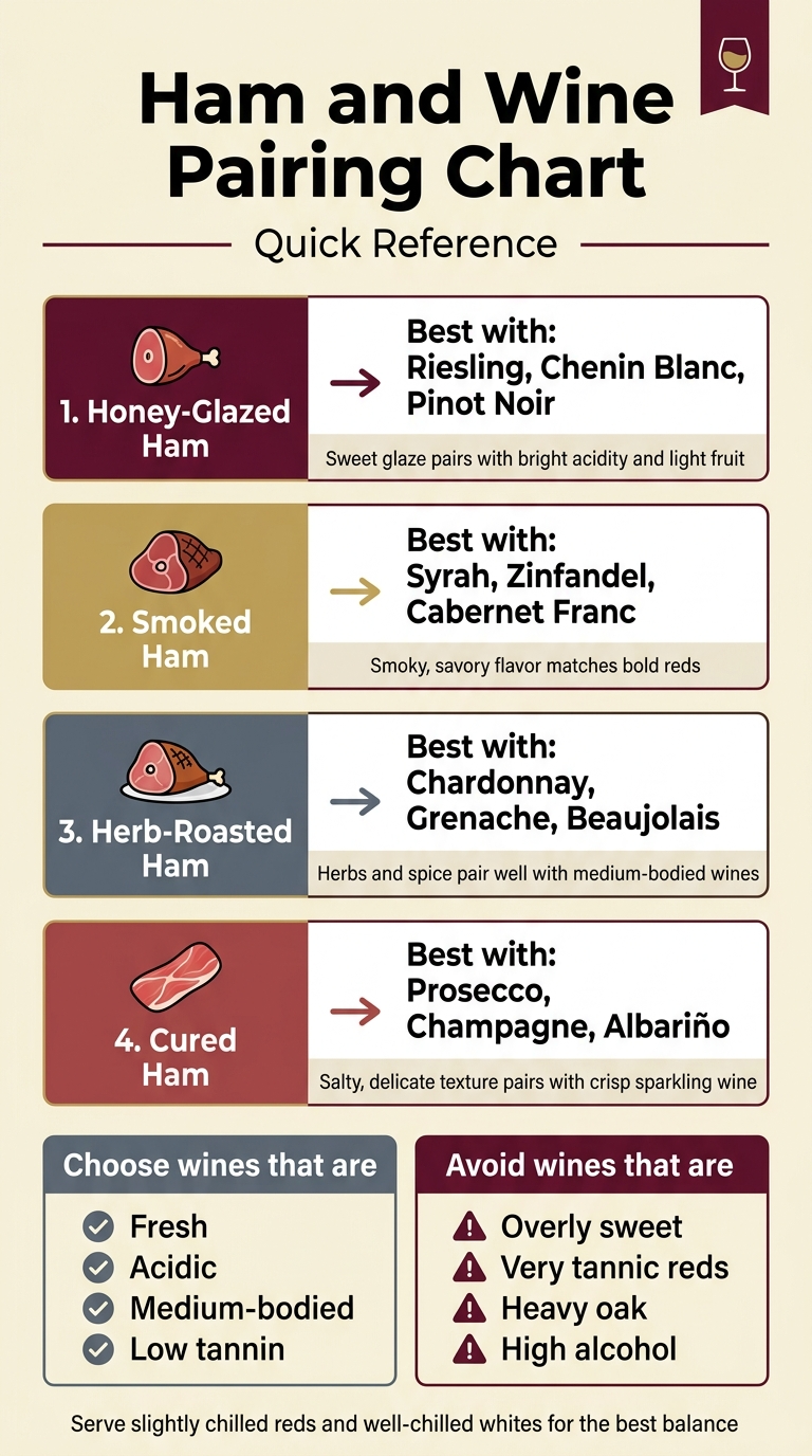 Wine and Ham Pairing: What Actually Works Create a full-bleed vertical infographic in 9:16 aspect ratio with a clean modern editorial style, soft cream background, deep burgundy, muted gold, and slate gray accents, bold sans-serif typography, strong hierarchy, and crisp vector icons. Top section: large bold heading centered across the width: "Ham and Wine Pairing Chart" with smaller subtitle directly underneath: "Quick Reference". Add a thin burgundy divider line below the title and a small wine glass icon beside the heading. Main content in four wide horizontal pairing blocks stacked down the page, each block spanning nearly the full width with a colored left label panel and a right content panel, using clear icons and simple arrows: 1. Left label with a ham leg icon and text: "1. Honey-Glazed Ham" Right side text: "Best with: Riesling, Chenin Blanc, Pinot Noir" Small note line: "Sweet glaze pairs with bright acidity and light fruit" 2. Left label with a smoked ham icon and text: "2. Smoked Ham" Right side text: "Best with: Syrah, Zinfandel, Cabernet Franc" Small note line: "Smoky, savory flavor matches bold reds" 3. Left label with a roast ham icon and text: "3. Herb-Roasted Ham" Right side text: "Best with: Chardonnay, Grenache, Beaujolais" Small note line: "Herbs and spice pair well with medium-bodied wines" 4. Left label with a prosciutto slice icon and text: "4. Cured Ham" Right side text: "Best with: Prosecco, Champagne, Albariño" Small note line: "Salty, delicate texture pairs with crisp sparkling wine" Bottom section: a wide two-column reference band with simple checkmark and warning icons: Left box title: "Choose wines that are" Bullet points with check icons: "Fresh" "Acidic" "Medium-bodied" "Low tannin" Right box title: "Avoid wines that are" Bullet points with warning icons: "Overly sweet" "Very tannic reds" "Heavy oak" "High alcohol" Footer at the bottom in small text: "Serve slightly chilled reds and well-chilled whites for the best balance" Use clean spacing, aligned columns, clear section borders, and icon accents for each pairing block. Keep all text fully legible, with no extra elements, no frame, and no inset poster border.