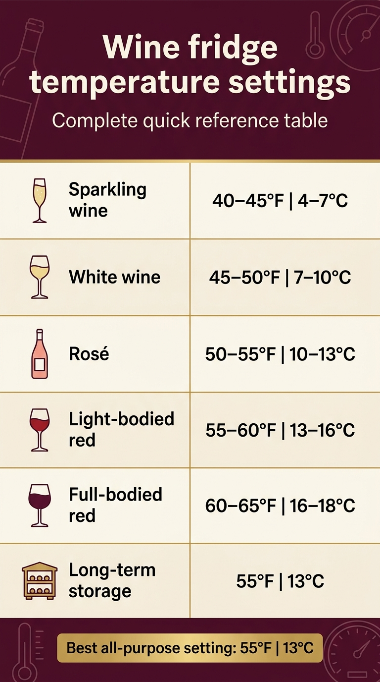 Create a full-bleed vertical infographic in 9:16 aspect ratio with a premium wine theme, deep burgundy background, cream panels, gold accents, and clean modern sans-serif typography. Place a bold large heading across the top: "Wine fridge temperature settings" with a smaller subtitle directly below: "Complete quick reference table". Use a wide, structured table layout across the middle and lower area, not a narrow centered stack. Design a two-column reference table with a left column for wine type and a right column for recommended temperature. Use alternating cream and very light beige row blocks with thin gold dividers. Add a small icon at the left of each row: sparkling wine flute, white wine glass, rosé bottle, red wine glass, and storage cellar icon. Include these rows exactly: "Sparkling wine" — "40–45°F | 4–7°C" "White wine" — "45–50°F | 7–10°C" "Rosé" — "50–55°F | 10–13°C" "Light-bodied red" — "55–60°F | 13–16°C" "Full-bodied red" — "60–65°F | 16–18°C" "Long-term storage" — "55°F | 13°C" Add a small bottom callout band spanning the width with gold text on burgundy: "Best all-purpose setting: 55°F | 13°C". Include subtle line-art wine bottle, thermometer, and temperature dial illustrations in the background corners. Keep the layout polished, legible, and infographic-like with strong hierarchy, spacious alignment, and crisp text.