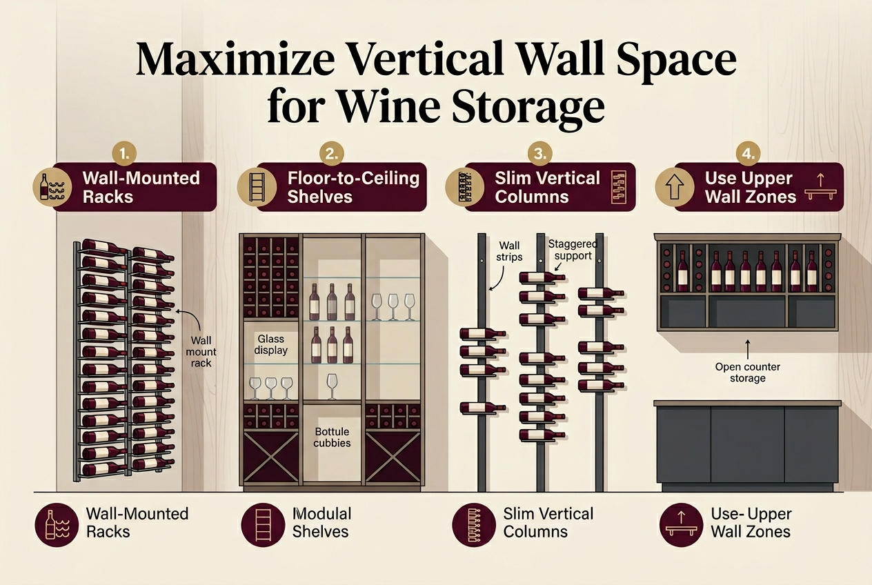 Create a clean professional infographic illustration in a 3:2 aspect ratio, full-bleed edge-to-edge layout with no border or inset frame. Use a modern wine-cellar aesthetic with deep burgundy, warm beige, charcoal gray, and muted gold accents. Add a bold headline across the top center in large elegant sans-serif text: "Maximize Vertical Wall Space for Wine Storage". Below the title, use a wide horizontal 4-section layout with numbered blocks and clear icons, arranged left to right across the page. Each section should have a small gold number circle, a bold subheading, and a simple labeled illustration. Section 1 on the left: a wall-mounted metal wine rack extending upward on a tall wall, with stacked wine bottles held horizontally. Add the text: "1. Wall-Mounted Racks". Include a small bottle-and-rack icon. Section 2 left-center: tall modular shelving running from near the floor to near the ceiling, with alternating bottle cubbies and glass display shelves. Add the text: "2. Floor-to-Ceiling Shelves". Include a vertical shelf icon. Section 3 right-center: slim vertical wine columns using narrow wall strips and staggered bottle supports, maximizing height in a compact footprint. Add the text: "3. Slim Vertical Columns". Include a compact column icon. Section 4 on the right: upper wall or above-counter storage with a decorative top-row wine display and lower open space kept clear. Add the text: "4. Use Upper Wall Zones". Include an arrow-up icon and a wall shelf icon. Add a subtle background of a stylish interior wall with faint wood texture and soft shadows. Use clear visual hierarchy, crisp labels, and balanced spacing. Keep the overall design wide and airy with strong horizontal flow, clean infographic styling, and polished editorial illustration detail.