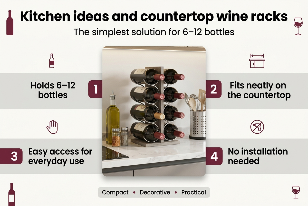 3:2 wide infographic, full-bleed layout, clean modern professional style, bright kitchen color palette with warm white, soft gray, muted wood, and burgundy accents. Large bold heading across the top: "Kitchen ideas and countertop wine racks" with a smaller subtitle directly below: "The simplest solution for 6–12 bottles". Center the layout around a realistic countertop wine rack holding 8 wine bottles beside kitchen items on a stylish kitchen counter. Use four wide horizontal sections or blocks arranged in a balanced 2x2 grid around the central image, each with a simple icon and numbered label: 1. Left top block with a small bottle icon and text: "Holds 6–12 bottles" 2. Right top block with a small counter/space icon and text: "Fits neatly on the countertop" 3. Left bottom block with a simple hand or glass icon and text: "Easy access for everyday use" 4. Right bottom block with a simple no-drill icon and text: "No installation needed" Add a small bottom strip with three short feature tags separated by dots: "Compact" "Decorative" "Practical" Use clear sans-serif typography, bold section numbers, strong visual hierarchy, subtle shadows, crisp edges, and plenty of whitespace. Include small wine-themed accents such as a bottle silhouette, wine glass icon, and minimalist kitchen line icons. Keep all text legible and neatly aligned, with the main central rack visually dominant and the supporting text blocks arranged in a wide, spacious infographic composition.