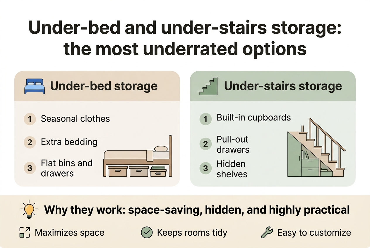 Full-bleed clean modern infographic, aspect ratio 3:2, professional home-organization style, white background with soft beige and sage green accents, dark charcoal text, bold sans-serif heading, subtle line icons, wide horizontal layout with two main columns and a bottom summary strip. Top center large bold heading text: "Under-bed and under-stairs storage: the most underrated options" Below the heading, split the canvas into two equal wide sections. Left section: A wide rounded rectangle panel with a small blue bed icon at the top left and title text: "Under-bed storage" Include three numbered points with small circular number markers: 1. "Seasonal clothes" 2. "Extra bedding" 3. "Flat bins and drawers" Add a simple illustration of low storage boxes sliding under a bed. Right section: A wide rounded rectangle panel with a small green staircase icon at the top left and title text: "Under-stairs storage" Include three numbered points with small circular number markers: 1. "Built-in cupboards" 2. "Pull-out drawers" 3. "Hidden shelves" Add a simple illustration of fitted drawers and shelves under a staircase. Bottom full-width strip with a highlight icon of a lightbulb and bold text: "Why they work: space-saving, hidden, and highly practical" Add three small icons with labels spaced across the strip: "Maximizes space" with a square-arrow icon "Keeps rooms tidy" with a check icon "Easy to customize" with a wrench icon Use clear visual hierarchy, generous spacing, clean flat vector style, crisp typography, balanced composition, and no decorative frame.