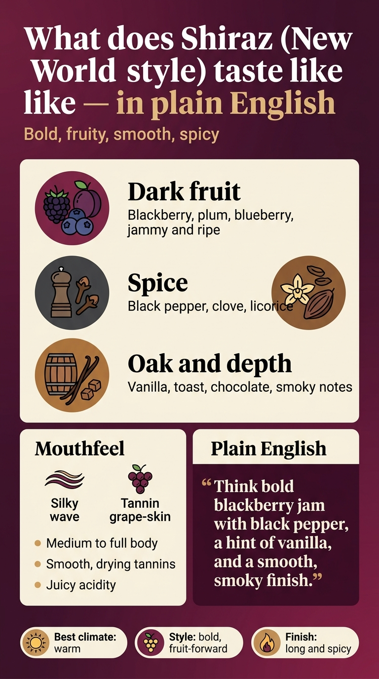 Syrah vs Shiraz: What's the Difference? Aspect ratio 9:16, full-bleed infographic on a deep burgundy-to-plum gradient background with warm cream panels and gold accents. Clean modern editorial style, professional wine infographic, crisp typography. Top header spanning full width: Large bold title in white serif and sans-serif mix: “What does Shiraz (New World style) taste like — in plain English” Small subtitle below in warm cream: “Bold, fruity, smooth, spicy” Main content arranged in 2 wide horizontal sections with clear visual hierarchy: Upper section, left-to-right 3 flavor blocks with icons: 1. A bunch of blackberries, plums, and blueberries icon in a circular burgundy badge. Text next to it in bold: “Dark fruit” Small text: “Blackberry, plum, blueberry, jammy and ripe” 2. A pepper mill and clove icon in a charcoal badge. Text next to it in bold: “Spice” Small text: “Black pepper, clove, licorice” 3. A barrel, vanilla pod, and cocoa bean icon in a warm brown badge. Text next to it in bold: “Oak and depth” Small text: “Vanilla, toast, chocolate, smoky notes” Lower section split into 2 panels: Left panel titled “Mouthfeel” with a silky wave icon and a tannin grape-skin icon. Bullets with small gold dots: “Medium to full body” “Smooth, drying tannins” “Juicy acidity” Right panel titled “Plain English” Large quote-style text in cream on dark burgundy block: “Think bold blackberry jam with black pepper, a hint of vanilla, and a smooth, smoky finish.” Bottom strip across full width with 3 simple labeled chips and icons: “Best climate: warm” with sun icon “Style: bold, fruit-forward” with ripe grape icon “Finish: long and spicy” with flame icon Typography: elegant bold headline, clean sans-serif body text, high contrast, aligned left within each block, generous spacing, no frame, no border, no watermark.