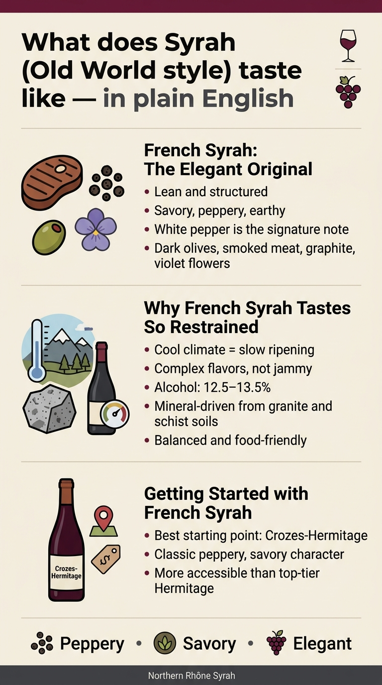 Syrah vs Shiraz: What's the Difference? Create a clean, professional full-bleed infographic in 9:16 aspect ratio about French Syrah wine. Use a refined wine palette of deep burgundy, charcoal, warm beige, olive green, and muted violet accents. Use modern sans-serif fonts with a bold headline and clear section hierarchy. No poster frame, no inset margins, use wide horizontal sections and balanced spacing. TOP HEADER: Large bold title across the top: "What does Syrah (Old World style) taste like — in plain English" Place a small elegant wine glass icon and a grape cluster icon beside the title. MAIN BODY: Arrange the content in three wide horizontal content blocks stacked vertically, each with a large icon on the left and text on the right. SECTION 1: "French Syrah: The Elegant Original" Show a grilled steak icon, black peppercorn icon, olive icon, and a small violet flower icon. Include these short bullet lines: "Lean and structured" "Savory, peppery, earthy" "White pepper is the signature note" "Dark olives, smoked meat, graphite, violet flowers" SECTION 2: "Why French Syrah Tastes So Restrained" Show a cool-climate icon with mountains and a thermometer, plus a granite rock texture icon and a wine bottle with a balanced gauge icon. Include these short bullet lines: "Cool climate = slow ripening" "Complex flavors, not jammy" "Alcohol: 12.5–13.5%" "Mineral-driven from granite and schist soils" "Balanced and food-friendly" SECTION 3: "Getting Started with French Syrah" Show a bottle labeled "Crozes-Hermitage" with a small map pin icon and a price tag icon. Include these short bullet lines: "Best starting point: Crozes-Hermitage" "Classic peppery, savory character" "More accessible than top-tier Hermitage" BOTTOM STRIP: A clean summary bar across the bottom with three small icons separated by dots: "Peppery" "Savory" "Elegant" Add a subtle footer note in small text: "Northern Rhône Syrah" Use strong visual hierarchy, with section titles in bold and body text in smaller readable type. Keep the layout airy, polished, and wine-focused, with icons and text aligned neatly in each section.