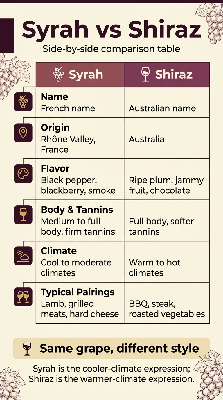 Syrah vs Shiraz: What's the Difference? Full-bleed 9:16 infographic, clean professional wine-themed design, dark burgundy, deep purple, cream, and gold accents, modern sans-serif typography. Top header across the full width: large bold title text, "Syrah vs Shiraz", with smaller subtitle beneath it, "Side-by-side comparison table". Below the header, a wide two-column comparison table spanning most of the canvas, with a clear vertical divider down the center. Left column labeled "Syrah" with a grape cluster icon. Right column labeled "Shiraz" with a wine glass icon. Use matching colored header bars: muted burgundy for Syrah, warm plum for Shiraz. Include six horizontal comparison rows with icon markers on the far left of each row: 1. "Name" Syrah: "French name" Shiraz: "Australian name" 2. "Origin" Syrah: "Rhône Valley, France" Shiraz: "Australia" 3. "Flavor" Syrah: "Black pepper, blackberry, smoke" Shiraz: "Ripe plum, jammy fruit, chocolate" 4. "Body & Tannins" Syrah: "Medium to full body, firm tannins" Shiraz: "Full body, softer tannins" 5. "Climate" Syrah: "Cool to moderate climates" Shiraz: "Warm to hot climates" 6. "Typical Pairings" Syrah: "Lamb, grilled meats, hard cheese" Shiraz: "BBQ, steak, roasted vegetables" At the bottom, add a highlighted summary banner with a small tasting-note icon and bold text: "Same grape, different style". Under it, smaller text: "Syrah is the cooler-climate expression; Shiraz is the warmer-climate expression." Use neat alignment, strong section borders, subtle wine-grape illustrations in the background corners, and clear spacing. No poster frame, no inset border, no narrow centered stack.