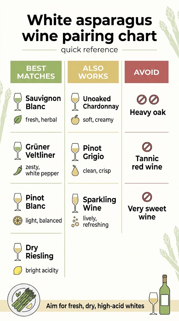 Vertical 9:16 full-bleed infographic, clean modern editorial style, bright white background with soft asparagus-green and pale gold accents, no frame, no inset margins. Large bold title at the top: "White asparagus wine pairing chart" with smaller subtitle beneath: "quick reference". Center the layout in a wide 3-column grid with clearly separated colored blocks and thin elegant divider lines. Use crisp sans-serif typography, strong hierarchy, and simple flat icons. Left column: Header in green block: "BEST MATCHES" Four horizontal pairing rows with small wine-glass icons and tasting-note symbols: 1. "Sauvignon Blanc" — leaf icon — "fresh, herbal" 2. "Grüner Veltliner" — pepper icon — "zesty, white pepper" 3. "Pinot Blanc" — citrus slice icon — "light, balanced" 4. "Dry Riesling" — lemon icon — "bright acidity" Center column: Header in gold block: "ALSO WORKS" Three pairing rows with icons: 1. "Unoaked Chardonnay" — apple icon — "soft, creamy" 2. "Pinot Grigio" — pear icon — "clean, crisp" 3. "Sparkling Wine" — bubbles icon — "lively, refreshing" Right column: Header in muted red block: "AVOID" Three warning rows with crossed-circle icons: 1. "Heavy oak" 2. "Tannic red wine" 3. "Very sweet wine" Bottom band across full width with a simple plated asparagus illustration on the left and a wine bottle + glass on the right, plus a concise tip in a highlighted strip: "Aim for fresh, dry, high-acid whites". Use subtle asparagus spear pattern accents in the background, professional food-and-wine infographic aesthetic, balanced spacing, readable labels, polished restaurant-menu look.
