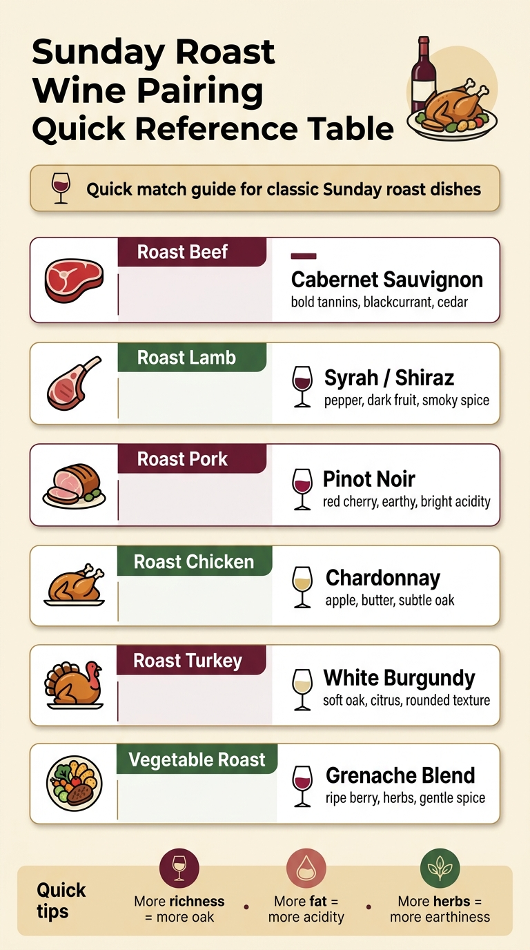 Create a full-bleed vertical infographic in 9:16 aspect ratio with a clean professional food-and-wine style. Bold शीर्ष heading at the top center: "Sunday Roast Wine Pairing Quick Reference Table". Use a warm cream background with deep burgundy, forest green, and soft gold accents. Modern sans-serif font, strong visual hierarchy, crisp icons, and a tidy table layout. Place a wide introductory bar under the title with a small wine glass icon and the text: "Quick match guide for classic Sunday roast dishes". Design a 2-column grid of large horizontal pairing blocks across the middle and lower area, not a narrow centered stack. Each block should have a food icon on the left, a roast label, and a matching wine suggestion with flavor notes. Use colored category headers and simple line icons. Block 1: red beef icon, heading "Roast Beef", text "Cabernet Sauvignon", smaller text "bold tannins, blackcurrant, cedar". Block 2: lamb chop icon, heading "Roast Lamb", text "Syrah / Shiraz", smaller text "pepper, dark fruit, smoky spice". Block 3: roast pork icon, heading "Roast Pork", text "Pinot Noir", smaller text "red cherry, earthy, bright acidity". Block 4: roast chicken icon, heading "Roast Chicken", text "Chardonnay", smaller text "apple, butter, subtle oak". Block 5: turkey icon, heading "Roast Turkey", text "White Burgundy", smaller text "soft oak, citrus, rounded texture". Block 6: vegetarian roast plate icon, heading "Vegetable Roast", text "Grenache Blend", smaller text "ripe berry, herbs, gentle spice". Add a bottom band labeled "Quick tips" with three small circular icons and short text snippets separated by dots: "More richness = more oak" "More fat = more acidity" "More herbs = more earthiness" Use clean spacing, subtle shadows, thin divider lines, and easy-to-scan sections. Include a small wine bottle and roast dinner illustration motif near the title. Make the infographic polished, balanced, and highly readable.