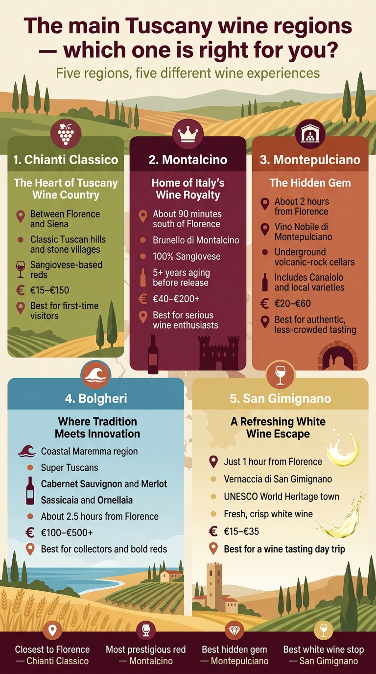 Create a full-bleed 9:16 infographic illustration with a clean, premium travel-magazine style about Tuscany wine regions. Use warm Tuscan colors: terracotta, deep burgundy, olive green, golden wheat, and cream background accents. Modern sans-serif font with bold title and clear section headers. Add subtle illustrated background of rolling Tuscan hills, cypress trees, vineyards, and a faint map of Tuscany behind the content. No poster frame, no inset border, no narrow centered stack. TOP HEADER: Large bold title centered across the top in dark burgundy: "The main Tuscany wine regions — which one is right for you?" Small subtitle beneath in olive green: "Five regions, five different wine experiences" MAIN LAYOUT: Use a wide, organized 5-section grid with colored panels and icons, arranged in two rows for easy scanning: - Top row: 3 panels - Bottom row: 2 larger panels centered SECTION 1 — left top panel: Header with a grape cluster icon: "1. Chianti Classico" Bold subline: "The Heart of Tuscany Wine Country" Include short bullet-style lines: "Between Florence and Siena" "Classic Tuscan hills and stone villages" "Sangiovese-based reds" "€15–€150" "Best for first-time visitors" Add a small wine glass icon and cypress tree icon. SECTION 2 — center top panel: Header with a crown icon: "2. Montalcino" Bold subline: "Home of Italy’s Wine Royalty" Include short bullet-style lines: "About 90 minutes south of Florence" "Brunello di Montalcino" "100% Sangiovese" "5+ years aging before release" "€40–€200+" "Best for serious wine enthusiasts" Add a bottle icon and elegant castle silhouette. SECTION 3 — right top panel: Header with a cellar icon: "3. Montepulciano" Bold subline: "The Hidden Gem" Include short bullet-style lines: "About 2 hours from Florence" "Vino Nobile di Montepulciano" "Underground volcanic-rock cellars" "Includes Canaiolo and local varieties" "€20–€60" "Best for authentic, less-crowded tasting" Add a medieval hilltown icon and underground cellar arch icon. SECTION 4 — bottom left larger panel: Header with a wave icon: "4. Bolgheri" Bold subline: "Where Tradition Meets Innovation" Include short bullet-style lines: "Coastal Maremma region" "Super Tuscans" "Cabernet Sauvignon and Merlot" "Sassicaia and Ornellaia" "About 2.5 hours from Florence" "€100–€500+" "Best for collectors and bold reds" Add a sea wave icon, modern wine bottle icon, and vineyard-by-the-coast illustration. SECTION 5 — bottom right larger panel: Header with a white wine glass icon: "5. San Gimignano" Bold subline: "A Refreshing White Wine Escape" Include short bullet-style lines: "Just 1 hour from Florence" "Vernaccia di San Gimignano" "UNESCO World Heritage town" "Fresh, crisp white wine" "€15–€35" "Best for a wine tasting day trip" Add a medieval tower icon and bright white wine splash icon. BOTTOM SUMMARY STRIP: A wide horizontal comparison strip at the bottom with 4 small icon labels: "Closest to Florence" — Chianti Classico "Most prestigious red" — Montalcino "Best hidden gem" — Montepulciano "Best white wine stop" — San Gimignano VISUAL STYLE: Use distinct but coordinated panel colors: - Chianti Classico: warm green - Montalcino: deep burgundy - Montepulciano: earthy rust - Bolgheri: coastal blue with terracotta accents - San Gimignano: pale gold and white Use white text on darker panels and dark text on lighter panels. Add small map pin symbols and wine bottle markers. Keep spacing clean, labels legible, and hierarchy strong.