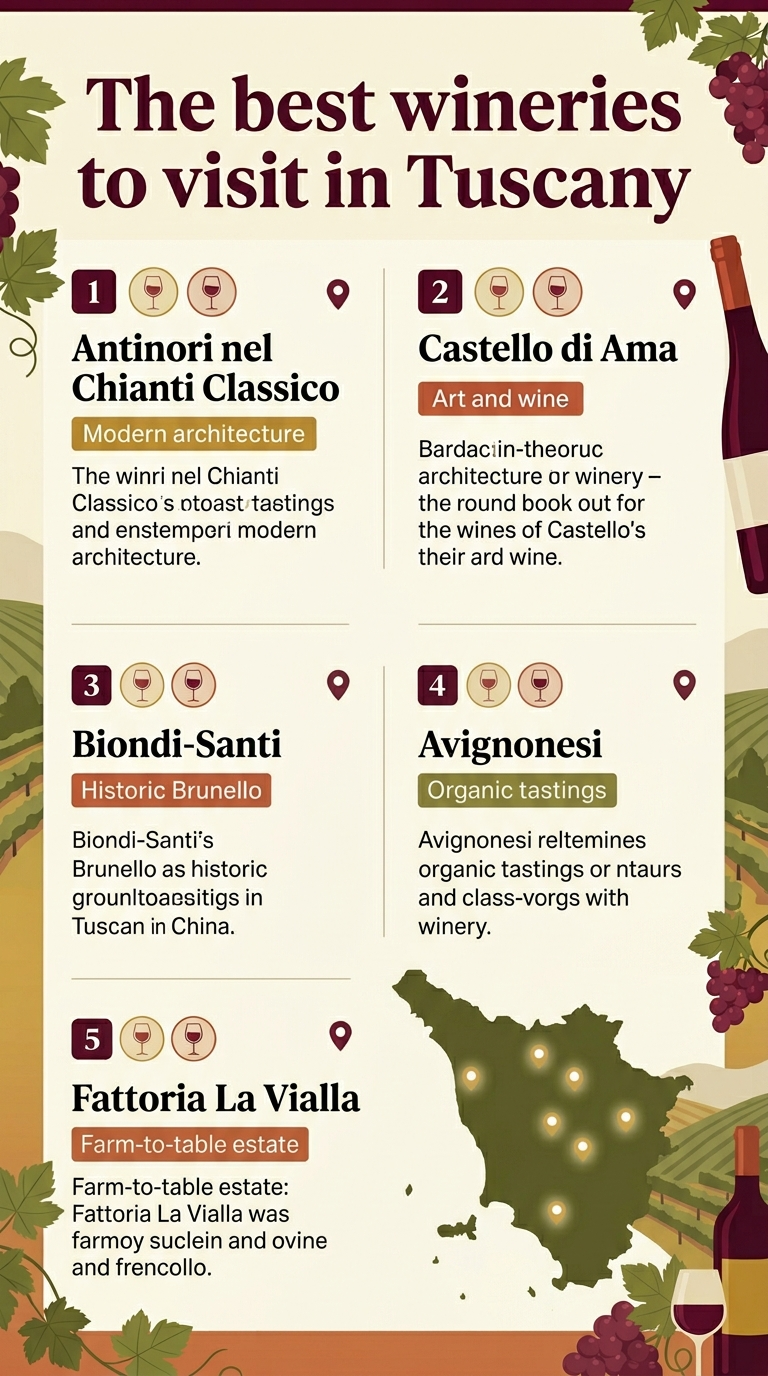 Full-bleed vertical infographic, aspect ratio 9:16, clean modern editorial design, Tuscan color palette of deep wine red, olive green, warm gold, cream, and terracotta, elegant serif headline with sans-serif body text, subtle illustrated vineyard hills and grape clusters in the background, premium travel-magazine style. Top header across full width: Large bold title in dark wine red: "The best wineries to visit in Tuscany" Below the title, a wide 2-column grid of five numbered feature cards with small circular wine-glass icons and location pin symbols, each card with a bold winery name and a short label: 1. "Antinori nel Chianti Classico" — "Modern architecture" 2. "Castello di Ama" — "Art and wine" 3. "Biondi-Santi" — "Historic Brunello" 4. "Avignonesi" — "Organic tastings" 5. "Fattoria La Vialla" — "Farm-to-table estate" Include a slim illustrated Tuscany map silhouette in the center background with glowing markers near the cards, vine leaves and wine bottle accents around the layout, balanced spacing, professional hierarchy, clear section dividers, no frame, no border, no extra text.