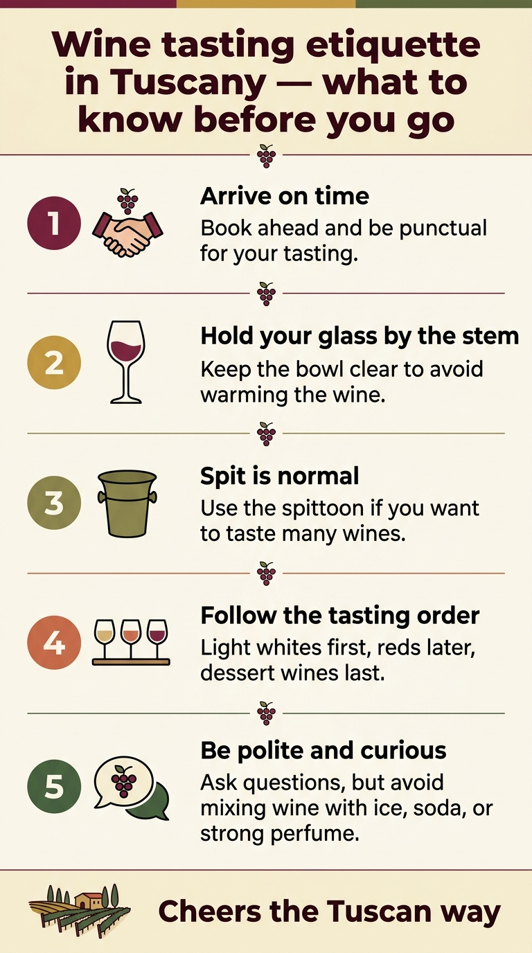 Full-bleed vertical infographic, aspect ratio 9:16, clean professional travel/editorial style, warm Tuscan color palette of deep burgundy, olive green, cream, terracotta, and gold accents, modern sans-serif fonts with bold title and clear section headers. Top banner across the full width with a large bold heading in dark burgundy text on cream: "Wine tasting etiquette in Tuscany — what to know before you go" Below the title, arrange five wide horizontal sections stacked vertically with plenty of breathing room, each section containing a numbered circle icon on the left, a simple illustration icon, and a short text block on the right. Use subtle dividing lines and small wine-grape decorative accents. Section 1: A burgundy circular number icon "1" with a small handshake icon. Text: "Arrive on time" "Book ahead and be punctual for your tasting." Section 2: A gold circular number icon "2" with a wine glass stem icon. Text: "Hold your glass by the stem" "Keep the bowl clear to avoid warming the wine." Section 3: An olive circular number icon "3" with a tasting spit bucket icon. Text: "Spit is normal" "Use the spittoon if you want to taste many wines." Section 4: A terracotta circular number icon "4" with a tasting flight icon of three small glasses. Text: "Follow the tasting order" "Light whites first, reds later, dessert wines last." Section 5: A deep green circular number icon "5" with a polite speech bubble and grape icon. Text: "Be polite and curious" "Ask questions, but avoid mixing wine with ice, soda, or strong perfume." Bottom strip across the full width with a small vineyard illustration and a bold closing line: "Cheers the Tuscan way" Use an elegant, balanced layout with icons aligned left, text aligned right, strong visual hierarchy, crisp readable typography, and a refined infographic look.