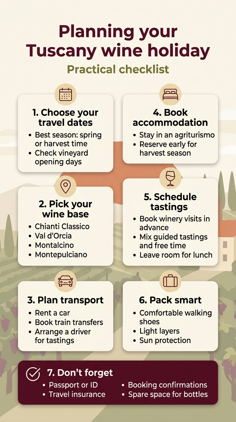 Vertical 9:16 full-bleed infographic illustration, clean professional travel style, warm Tuscan color palette of terracotta, olive green, cream, burgundy, gold accents, elegant sans-serif fonts with bold heading. No outer frame, no inset margins. Top header across full width: Large bold title in dark burgundy: "Planning your Tuscany wine holiday" Smaller subtitle beneath in olive green: "Practical checklist" Main content arranged in two wide columns of rounded checklist cards, with subtle vineyard and rolling-hill background motifs at low opacity. Left column cards: 1. A cream card with a calendar icon and bold heading: "1. Choose your travel dates" Bullet text: "Best season: spring or harvest time" Bullet text: "Check vineyard opening days" 2. A cream card with a map pin icon and bold heading: "2. Pick your wine base" Bullet text: "Chianti Classico" Bullet text: "Val d'Orcia" Bullet text: "Montalcino" Bullet text: "Montepulciano" 3. A cream card with a car icon and bold heading: "3. Plan transport" Bullet text: "Rent a car" Bullet text: "Book train transfers" Bullet text: "Arrange a driver for tastings" Right column cards: 4. A cream card with a bed icon and bold heading: "4. Book accommodation" Bullet text: "Stay in an agriturismo" Bullet text: "Reserve early for harvest season" 5. A cream card with a wine glass icon and bold heading: "5. Schedule tastings" Bullet text: "Book winery visits in advance" Bullet text: "Mix guided tastings and free time" Bullet text: "Leave room for lunch" 6. A cream card with a suitcase icon and bold heading: "6. Pack smart" Bullet text: "Comfortable walking shoes" Bullet text: "Light layers" Bullet text: "Sun protection" Bottom full-width summary bar in dark burgundy with white text and a checkmark icon: "7. Don’t forget" "Passport or ID" "Travel insurance" "Booking confirmations" "Spare space for bottles" Use clear numbered markers, simple line icons, soft shadows, generous spacing, strong visual hierarchy, and a polished infographic layout.