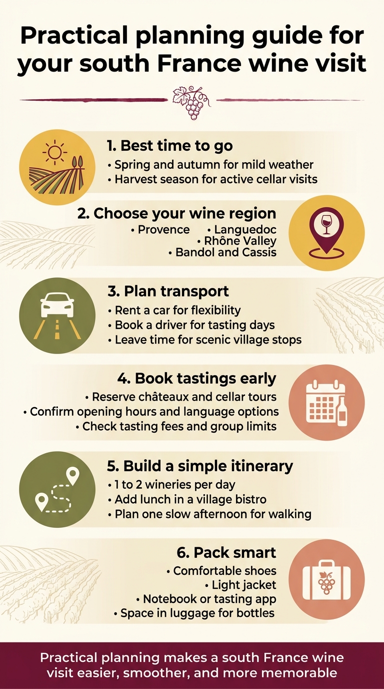 Full-bleed vertical infographic, aspect ratio 9:16, clean professional travel editorial style, warm South France color palette of deep burgundy, sunlit gold, cream, olive green, and soft terracotta, modern sans-serif typography with bold heading at top. Top header across full width: "Practical planning guide for your south France wine visit" Add a thin burgundy wine-stain line and small grapevine illustration under the title. Main content arranged in 6 wide horizontal sections with clear numbered blocks, each with a colored circular icon on the left and short text on the right, using a balanced multi-column layout rather than a narrow centered stack. Section 1, top-left wide block: "1. Best time to go" Icon: sun and vineyard rows. Text: "Spring and autumn for mild weather" "Harvest season for active cellar visits" Section 2, top-right wide block: "2. Choose your wine region" Icon: map pin with a wine glass. Text: "Provence" "Languedoc" "Rhône Valley" "Bandol and Cassis" Section 3, middle-left wide block: "3. Plan transport" Icon: car with road line. Text: "Rent a car for flexibility" "Book a driver for tasting days" "Leave time for scenic village stops" Section 4, middle-right wide block: "4. Book tastings early" Icon: calendar with a bottle. Text: "Reserve châteaux and cellar tours" "Confirm opening hours and language options" "Check tasting fees and group limits" Section 5, lower-left wide block: "5. Build a simple itinerary" Icon: route map with markers. Text: "1 to 2 wineries per day" "Add lunch in a village bistro" "Plan one slow afternoon for walking" Section 6, lower-right wide block: "6. Pack smart" Icon: suitcase with grape cluster. Text: "Comfortable shoes" "Light jacket" "Notebook or tasting app" "Space in luggage for bottles" Bottom footer bar across full width with a burgundy background and white text: "Practical planning makes a south France wine visit easier, smoother, and more memorable" Use subtle vineyard line-art patterns in the background, elegant spacing, crisp icons, strong visual hierarchy, and high readability.