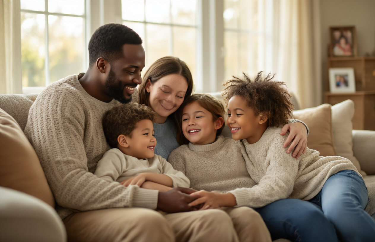 Create a realistic image of a warm, protective family scene showing a diverse family of four - a black father, white mother, and their two mixed-race children (one boy, one girl) - sitting together on a comfortable living room couch, smiling and embracing each other, with soft natural lighting streaming through a window, creating a sense of security and togetherness, surrounded by a cozy home environment with family photos on side tables and warm earth-tone furnishings, conveying financial protection and future planning through their content expressions and stable home setting, absolutely NO text should be in the scene.