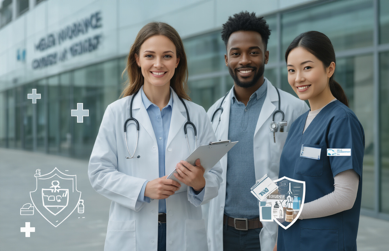 Create a realistic image of a diverse family consisting of a white female doctor in a white coat holding a stethoscope, standing next to a black male patient and an Asian female nurse, all positioned in front of a modern hospital or medical clinic building with clean glass windows and medical cross symbols, surrounded by visual elements representing health insurance coverage such as medical documents, prescription bottles, and a shield symbol, with soft natural lighting creating a professional and reassuring healthcare atmosphere, absolutely NO text should be in the scene.