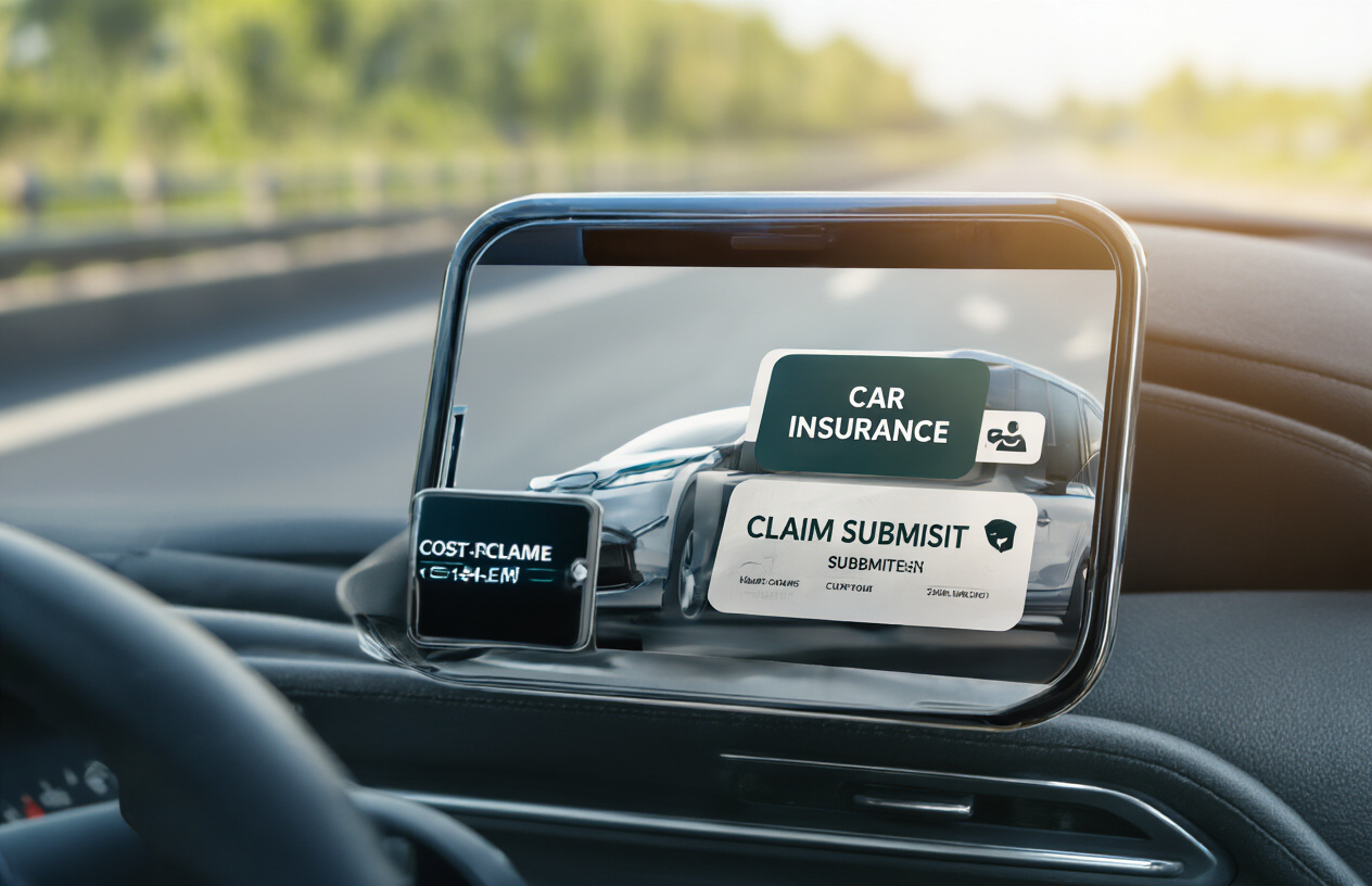 Create a realistic image of a modern car dashboard view from inside a vehicle showing a smartphone mounted on the dashboard displaying a car insurance app interface with claim submission features, the windshield shows a clear road ahead, natural daylight lighting creates a clean professional atmosphere, the scene includes a steering wheel and part of the driver's seat visible in the frame, emphasizing cost-effective auto insurance technology, absolutely NO text should be in the scene.