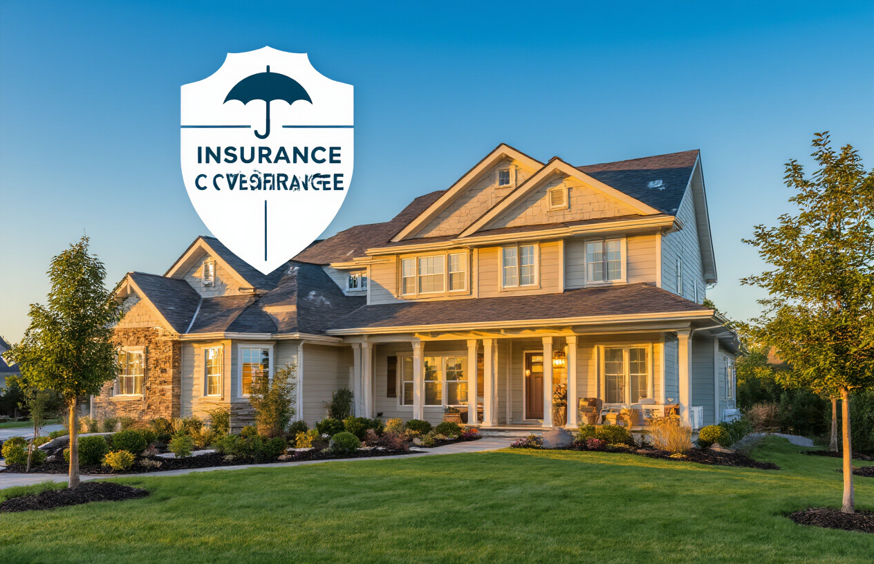Create a realistic image of a beautiful two-story suburban house with well-maintained landscaping, a manicured lawn, and a protective umbrella or shield symbol hovering above the property, representing insurance coverage, with warm golden hour lighting casting a safe and secure atmosphere over the home, blue sky in the background, and absolutely NO text should be in the scene.