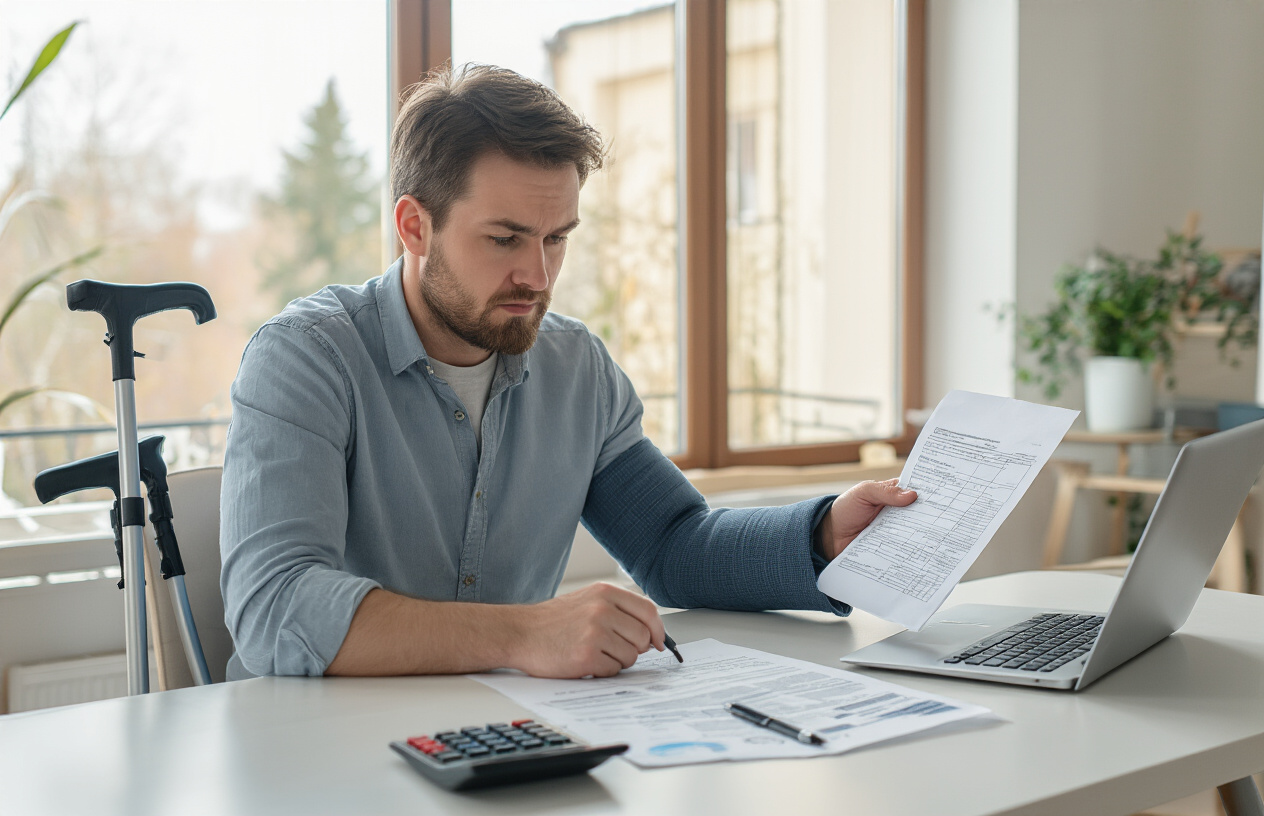 Create a realistic image of a white male in his 30s sitting at a desk with his left arm in a sling and crutches leaning against his chair, looking at insurance documents spread on the desk, with a calculator and laptop nearby, in a bright modern home office setting with natural lighting from a window, conveying a sense of financial planning during recovery, absolutely NO text should be in the scene.