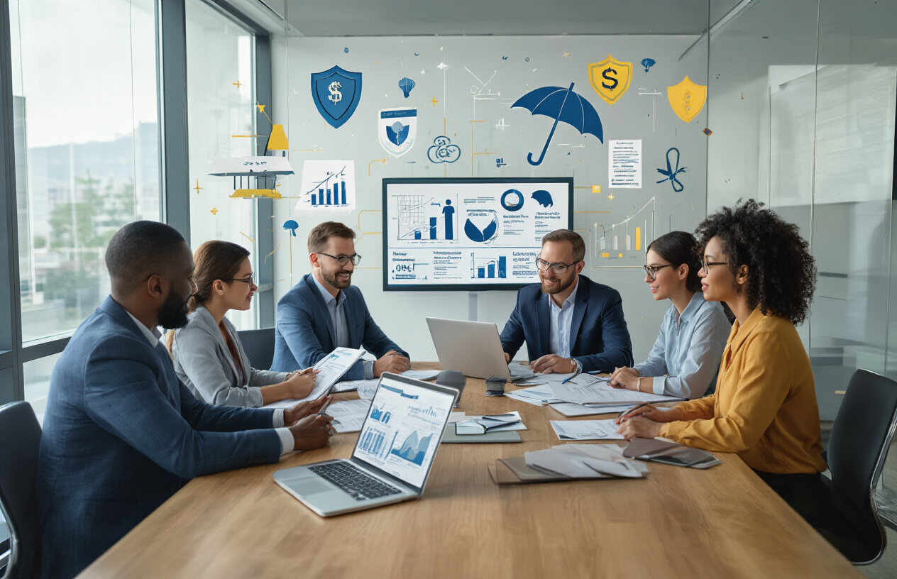 Create a realistic image of a diverse group of white and black professionals, both male and female, sitting around a modern conference table reviewing insurance documents and policies, with laptops open showing charts and graphs, in a bright contemporary office setting with large windows allowing natural light, conveying a sense of security and informed decision-making, with insurance-related icons like shields, umbrellas, and safety symbols subtly integrated into the background decor, absolutely NO text should be in the scene.