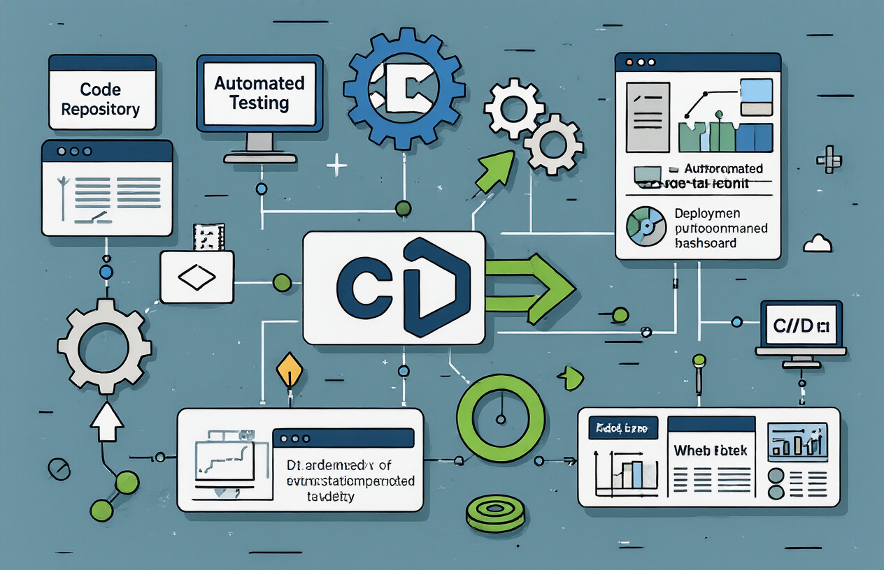 Create a realistic image of essential CI/CD pipeline components for Node.js development showing interconnected building blocks including code repository icons, automated testing gears, deployment arrows, and monitoring dashboards arranged in a systematic workflow diagram, with Node.js logo prominently featured, set against a clean modern tech workspace background with subtle blue and green accent colors, professional lighting, and geometric connecting lines between components. Absolutely NO text should be in the scene.