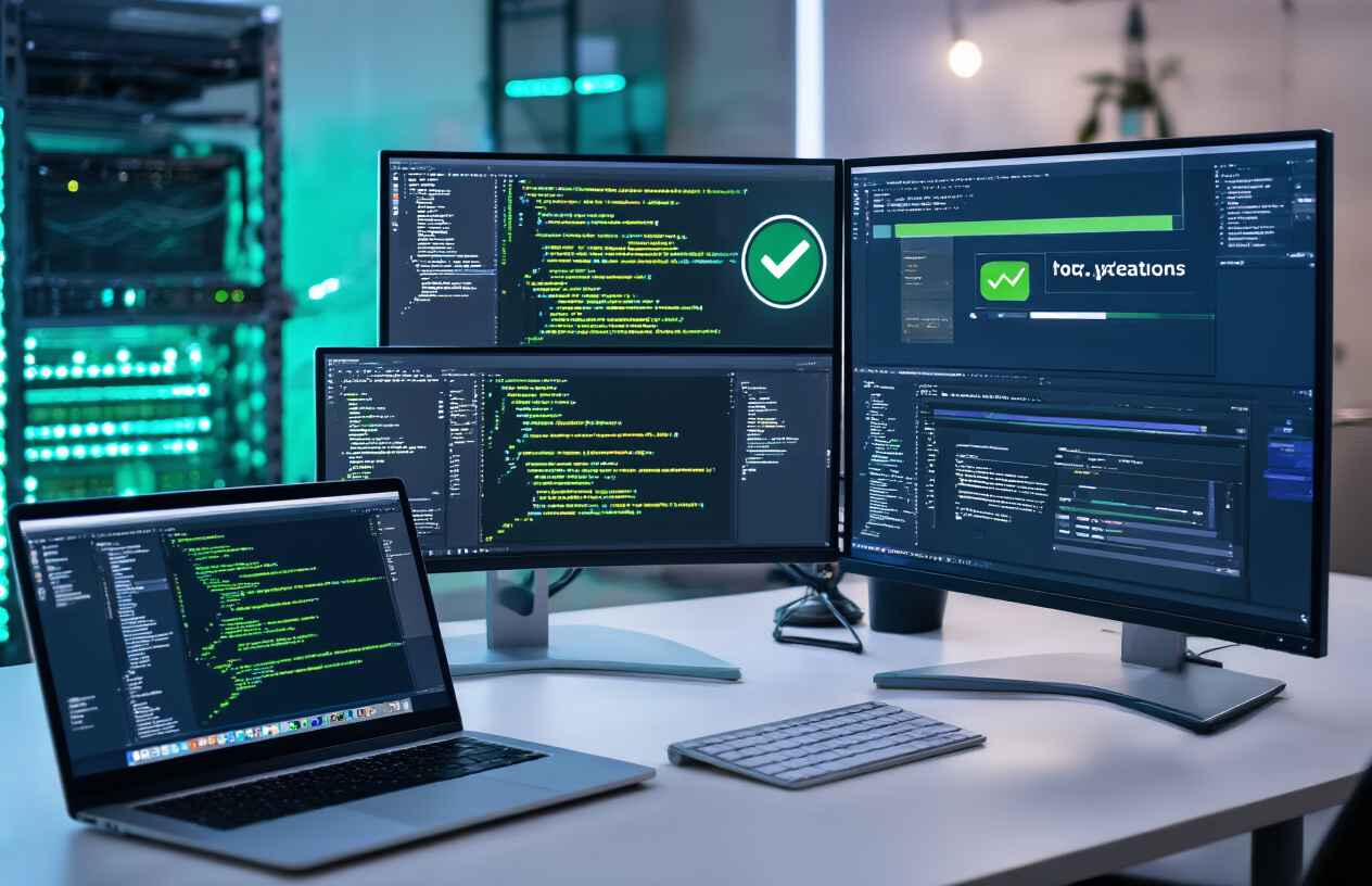 Create a realistic image of a modern software development workspace featuring multiple computer monitors displaying code testing interfaces, automated testing dashboards with green checkmarks and progress bars, a Node.js logo subtly visible on one screen, testing automation workflows with interconnected pipeline diagrams, a clean desk setup with a laptop showing continuous integration results, soft blue and green LED lighting from the monitors creating a tech-focused atmosphere, and a professional development environment background with server racks or coding setup elements, absolutely NO text should be in the scene.