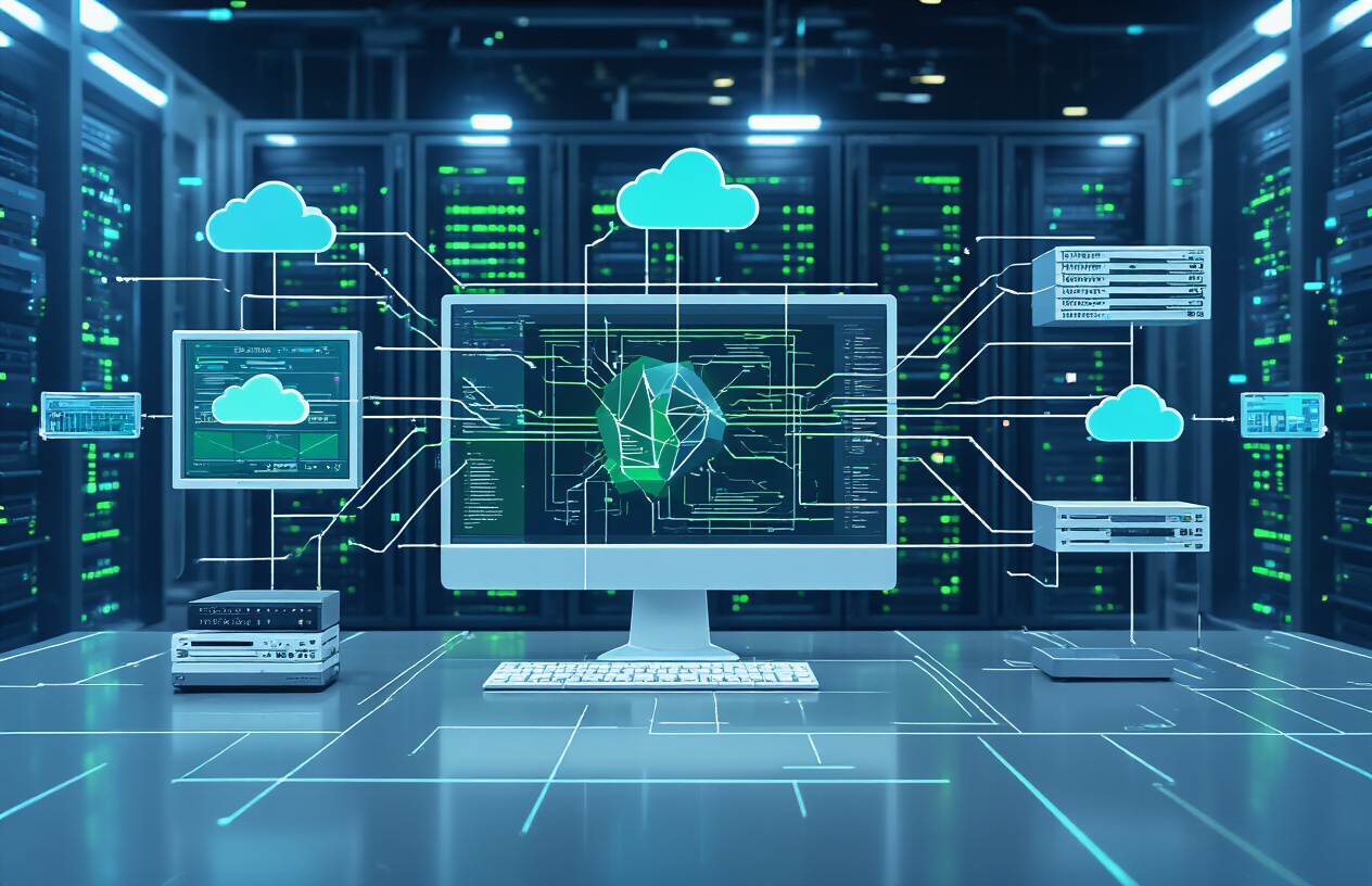 Create a realistic image of a modern computer workstation showing multiple deployment paths branching out from a central Node.js application, with cloud servers, staging environments, and production servers connected by flowing network lines, featuring sleek server racks in the background, ambient blue and green lighting suggesting digital connectivity, and a clean tech workspace atmosphere. Absolutely NO text should be in the scene.