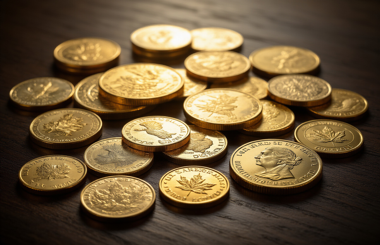 Create a realistic image of various types of gold coins arranged on a dark wooden surface, featuring American Gold Eagles, Canadian Gold Maples, South African Krugerrands, and other international gold bullion coins of different sizes and denominations, with soft overhead lighting creating gentle reflections on the shiny gold surfaces, shot from a slightly elevated angle to showcase the different coin designs and textures, with a clean neutral background, absolutely NO text should be in the scene.