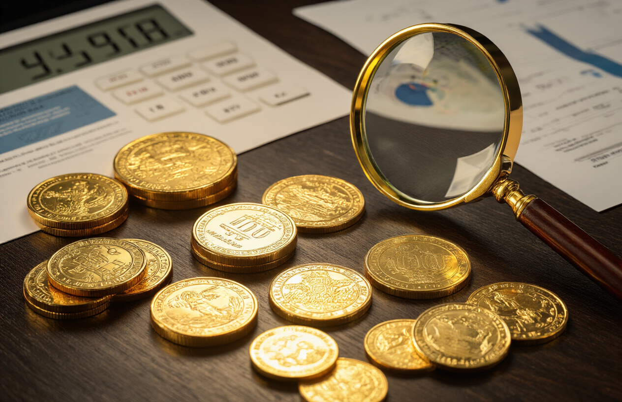 Create a realistic image of various gold coins of different sizes and denominations spread across a dark wooden desk surface, with a magnifying glass positioned over one coin to examine its details, a digital scale displaying weight measurements, and price charts or valuation documents partially visible in the background, all illuminated by warm focused lighting that highlights the lustrous golden surfaces and intricate coin details, absolutely NO text should be in the scene.
