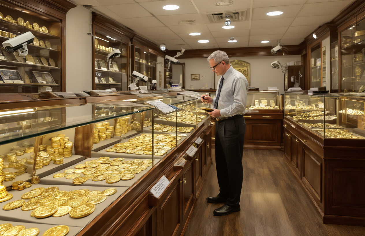 Create a realistic image of a reputable coin dealer's shop interior with glass display cases containing various authentic gold coins, a professional white male dealer in business attire examining coins with a magnifying glass, security cameras mounted on walls, certificates of authenticity visible on the counter, warm professional lighting illuminating the coins' golden luster, and a clean organized environment that conveys trust and safety for precious metal transactions, absolutely NO text should be in the scene.