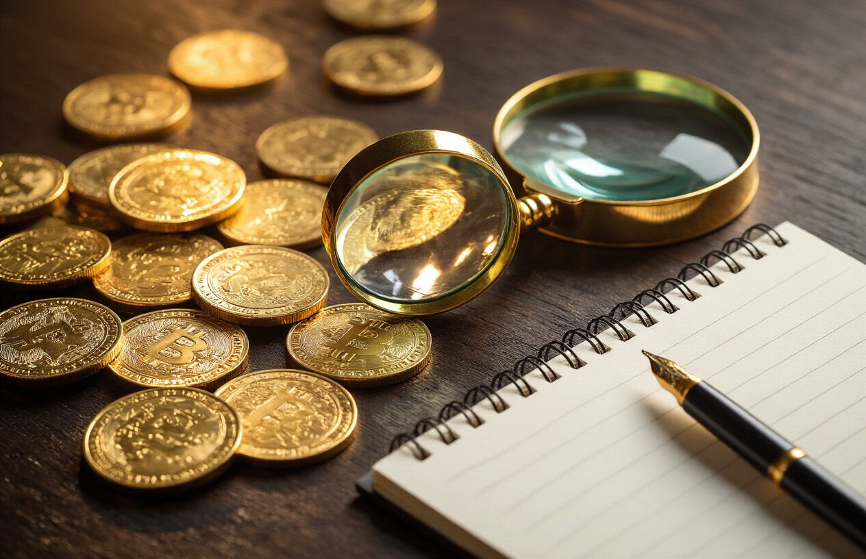 Create a realistic image of a close-up view of various gold coins spread across a dark wooden surface with a magnifying glass positioned over one coin, a small notebook with a pen beside it, and soft warm lighting illuminating the scene from above, creating gentle shadows and highlighting the metallic shine of the coins, absolutely NO text should be in the scene.