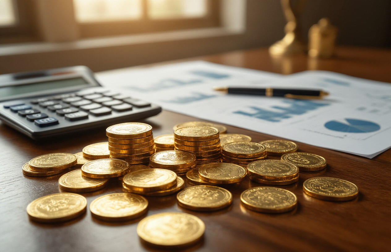 Create a realistic image of gleaming gold coins scattered on a polished wooden desk surface with financial charts, graphs, and investment documents visible in the background, soft natural lighting from a window illuminating the golden surfaces, depicting wealth and financial security through physical precious metal investment, with a calculator and pen nearby suggesting careful financial planning, warm ambient lighting creating an atmosphere of prosperity and smart investing, absolutely NO text should be in the scene.